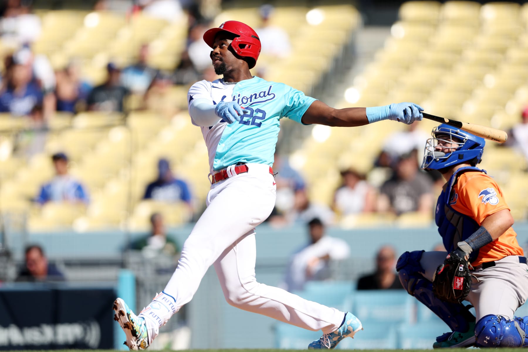 LOS ANGELES, CA - JULY 16:  Jordan Walker #22 of the St. Louis Cardinals bats during the 2022 SiriusXM All-Star Futures Game at Dodger Stadium on Saturday, July 16, 2022 in Los Angeles, California. (Photo by Rob Tringali/MLB Photos via Getty Images)