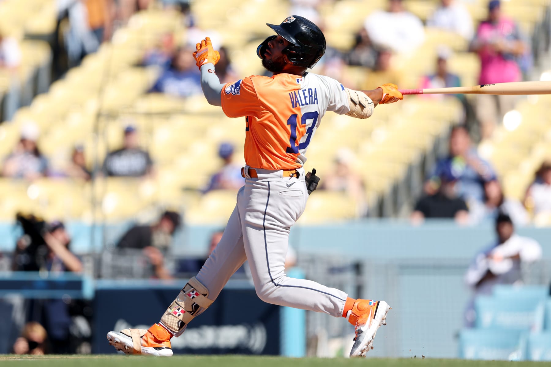 LOS ANGELES, CA - JULY 16:  George Valera #13 of the Cleveland Guardians bats during the 2022 SiriusXM All-Star Futures Game at Dodger Stadium on Saturday, July 16, 2022 in Los Angeles, California. (Photo by Rob Tringali/MLB Photos via Getty Images)