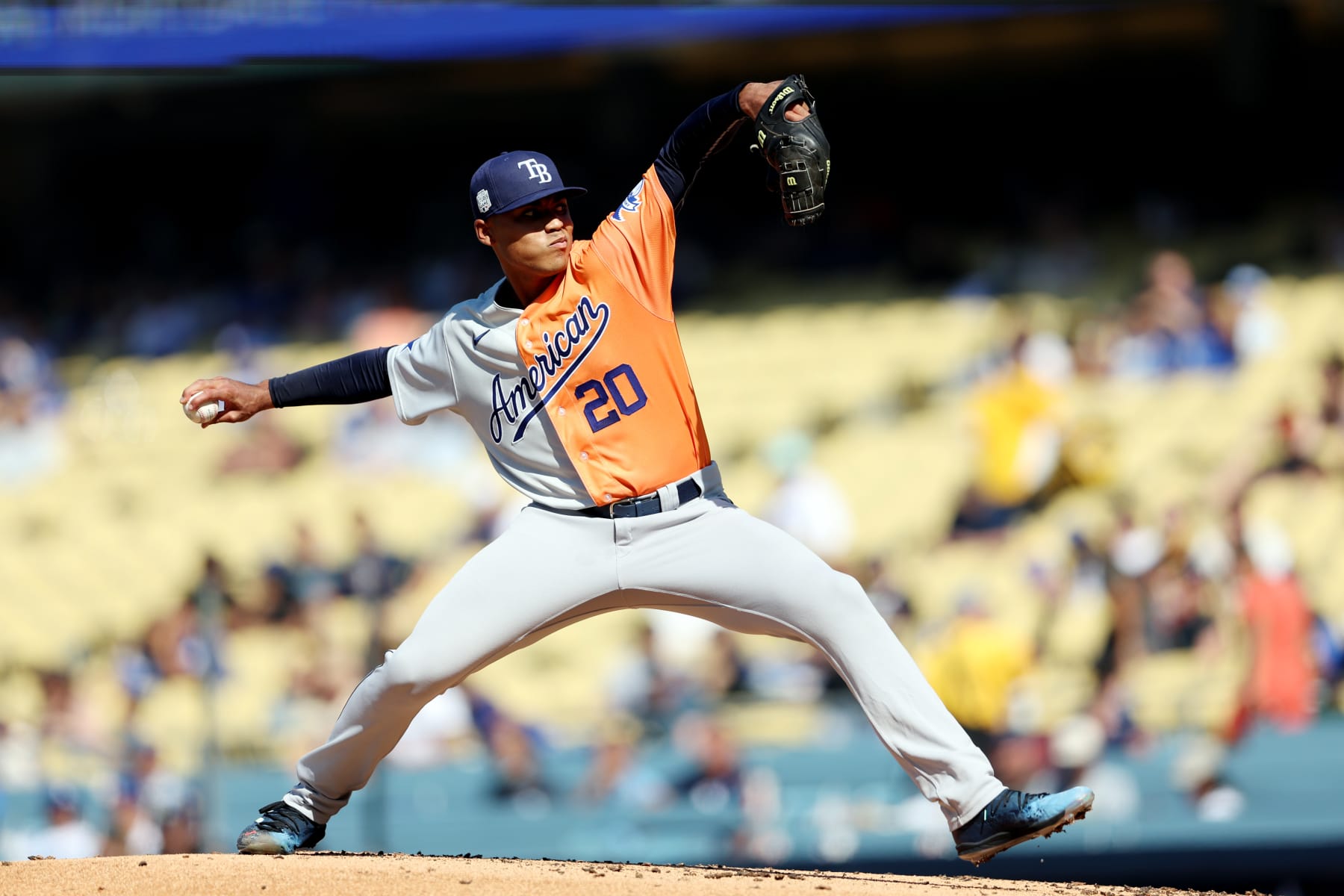 LOS ANGELES, CA - JULY 16:  Taj Bradley #20 of the Tampa Bay Rays pitches during the 2022 SiriusXM All-Star Futures Game at Dodger Stadium on Saturday, July 16, 2022 in Los Angeles, California. (Photo by Rob Tringali/MLB Photos via Getty Images)