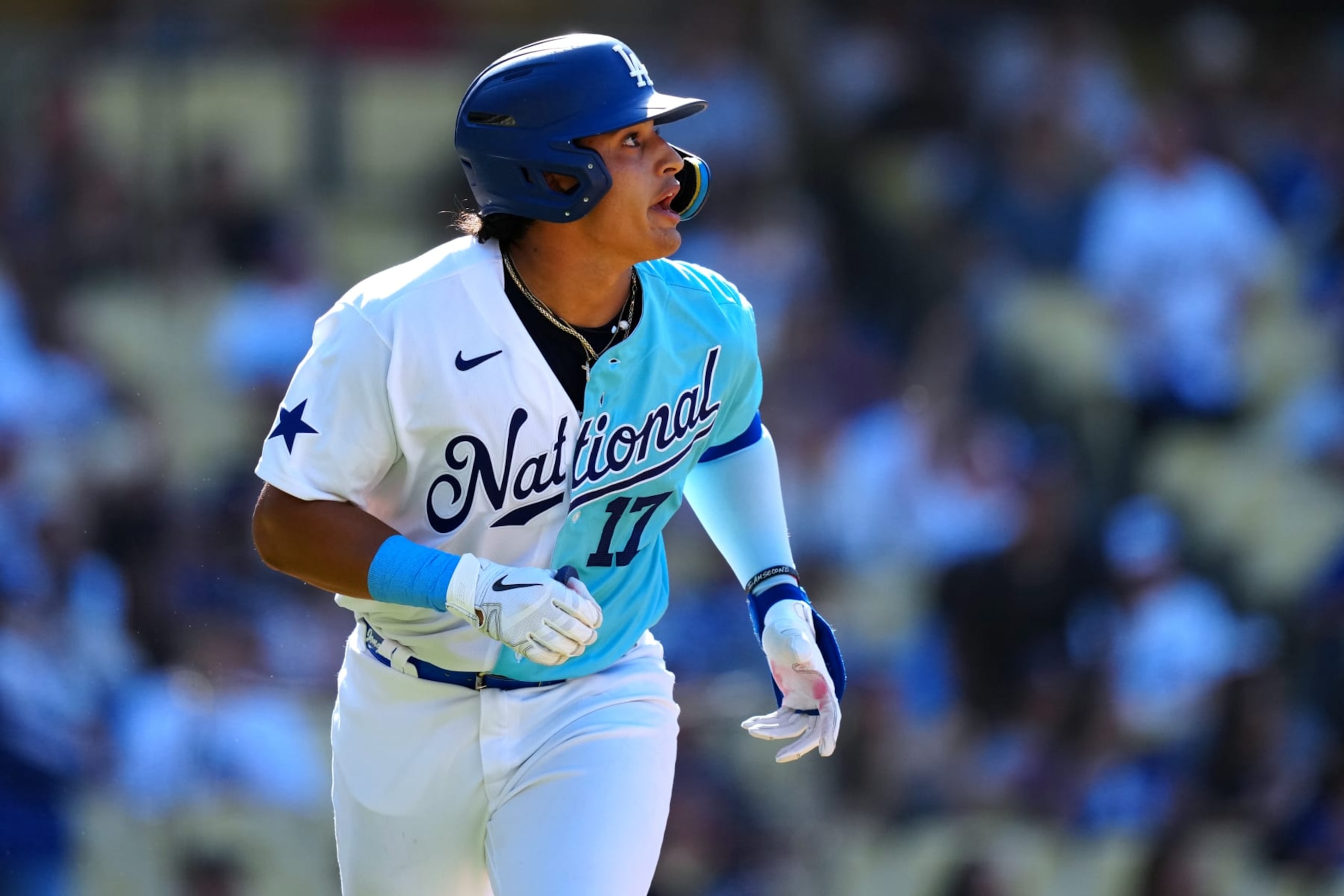 LOS ANGELES, CA - JULY 16:  Diego Cartaya #17 of the Los Angeles Dodgers reacts in the second inning during the 2022 SiriusXM All-Star Futures Game at Dodger Stadium on Saturday, July 16, 2022 in Los Angeles, California. (Photo by Daniel Shirey/MLB Photos via Getty Images)
