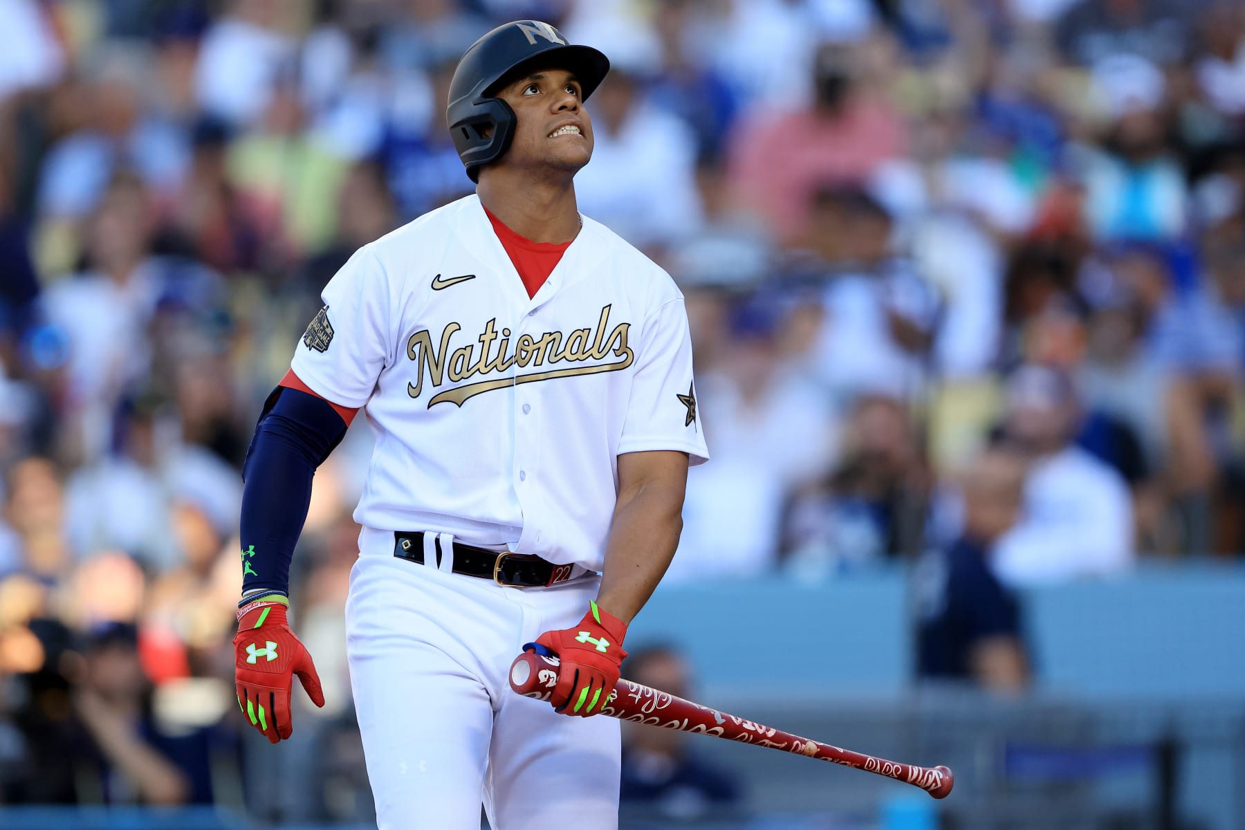 LOS ANGELES, CALIFORNIA - JULY 19: Juan Soto #22 of the Washington Nationals reacts after fouling off a pitch in the third inning against the American League during the 92nd MLB All-Star Game presented by Mastercard at Dodger Stadium on July 19, 2022 in Los Angeles, California. (Photo by Sean M. Haffey/Getty Images)