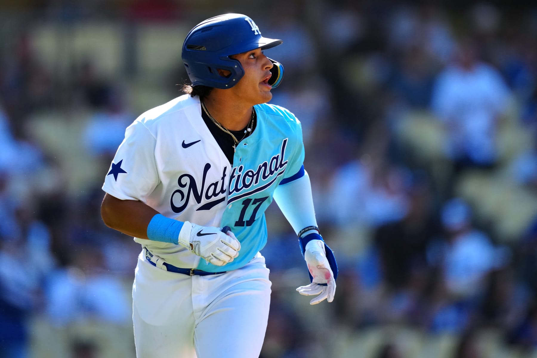 LOS ANGELES, CA - JULY 16:  Diego Cartaya #17 of the Los Angeles Dodgers reacts in the second inning during the 2022 SiriusXM All-Star Futures Game at Dodger Stadium on Saturday, July 16, 2022 in Los Angeles, California. (Photo by Daniel Shirey/MLB Photos via Getty Images)
