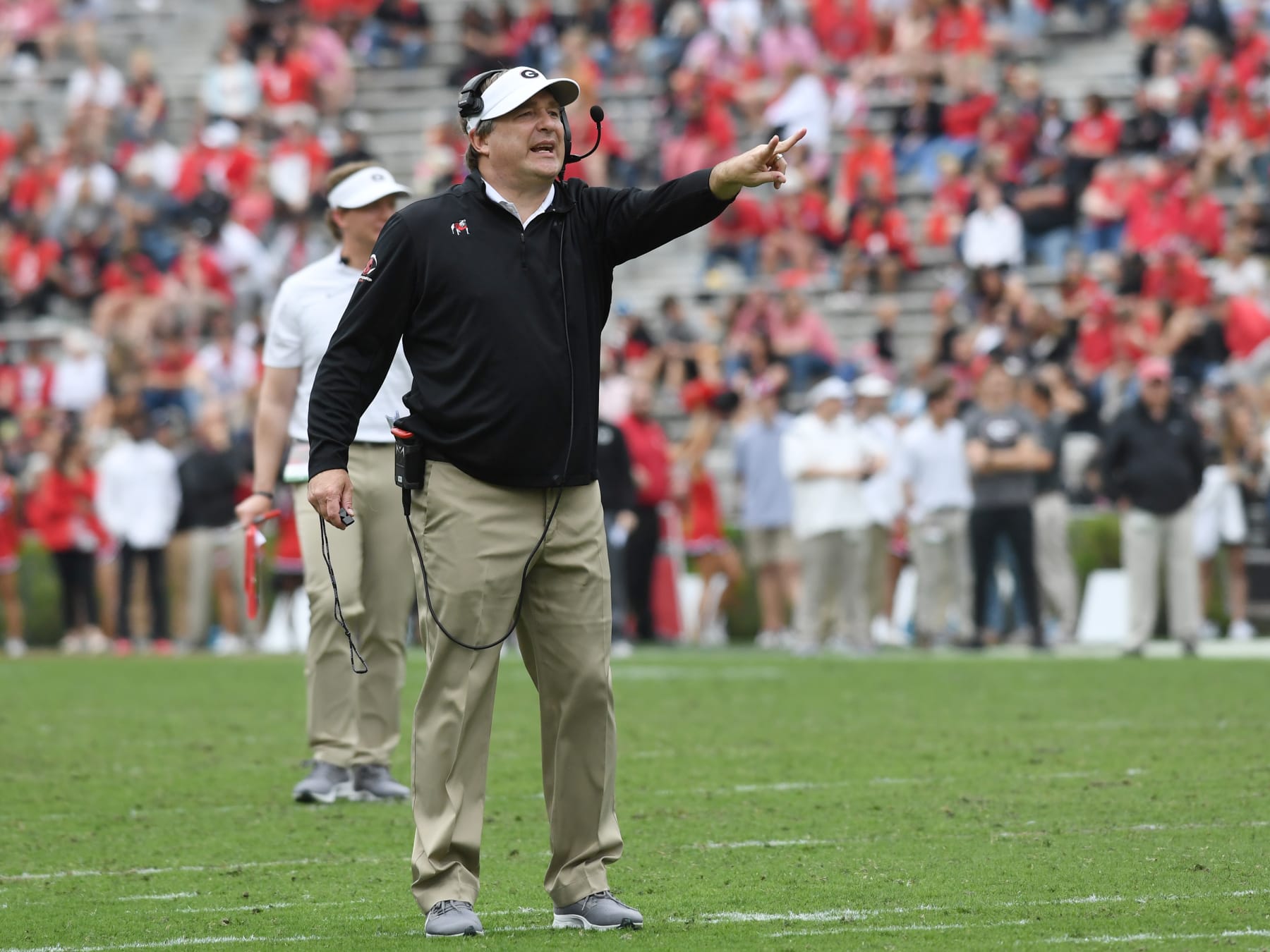 ATHENS, GA - APRIL 16: Georgia Bulldogs Head Coach Kirby Smart shouts instructions during the Georgia Bulldogs G-Day intra-squad spring game on April 16, 2022, at Sanford Stadium in Athens, GA.(Photo by Jeffrey Vest/Icon Sportswire via Getty Images)