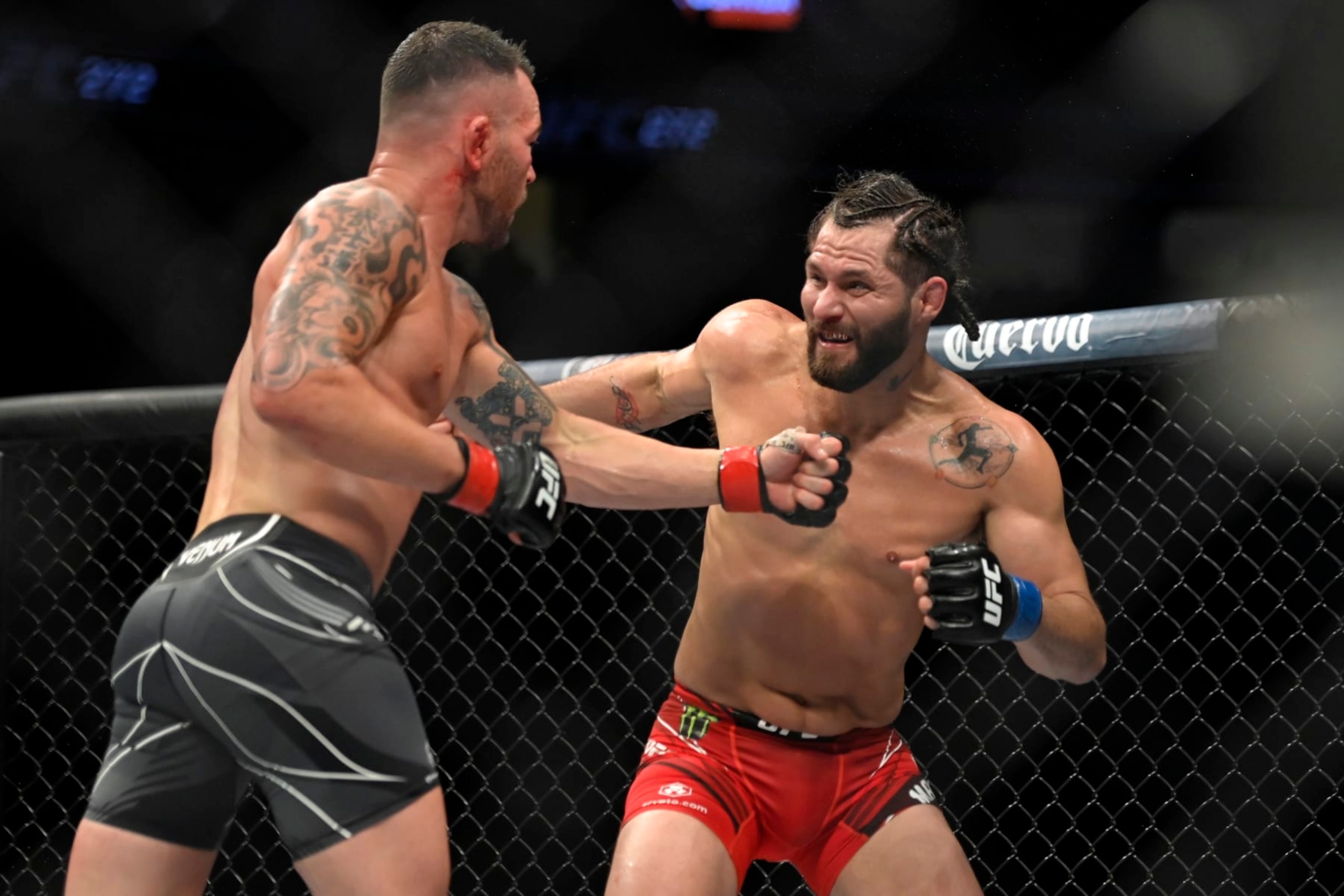 LAS VEGAS, NEVADA - MARCH 05: Colby Covington (L) and Jorge Masvidal battle in their welterweight fight during UFC 272 at T-Mobile Arena on March 05, 2022 in Las Vegas, Nevada. (Photo by David Becker/Getty Images)