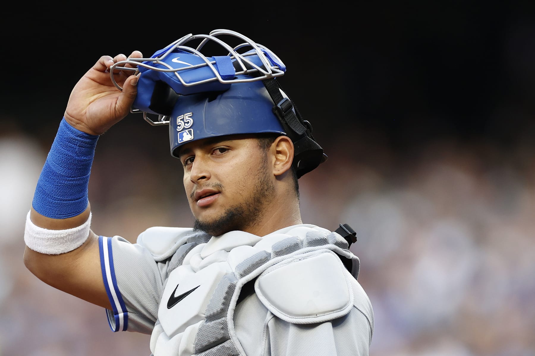 SEATTLE, WASHINGTON - JULY 07: Gabriel Moreno #55 of the Toronto Blue Jays looks on during the first inning against the Seattle Mariners at T-Mobile Park on July 07, 2022 in Seattle, Washington. (Photo by Steph Chambers/Getty Images)