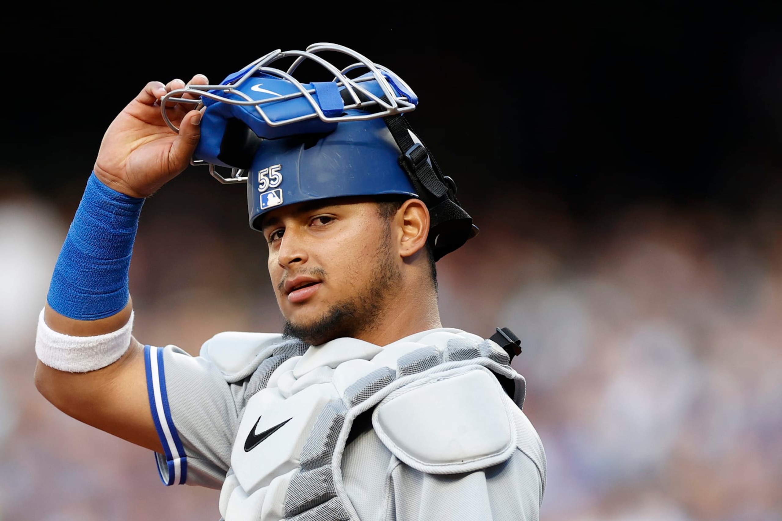 SEATTLE, WASHINGTON - JULY 07: Gabriel Moreno #55 of the Toronto Blue Jays looks on during the first inning against the Seattle Mariners at T-Mobile Park on July 07, 2022 in Seattle, Washington. (Photo by Steph Chambers/Getty Images)