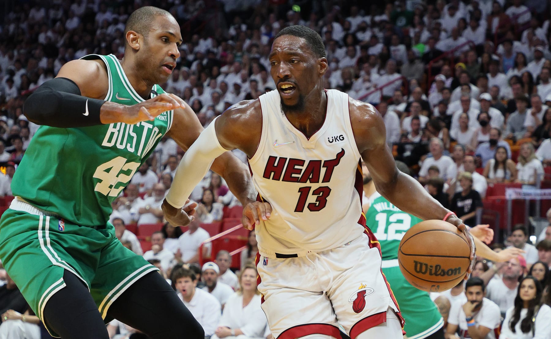 MIAMI, FLORIDA - MAY 29:  Bam Adebayo #13 of the Miami Heat  against the Boston Celtics during game seven of the Eastern Conference Final at FTX Arena on May 29, 2022 in Miami, Florida. (Photo by Andy Lyons/Getty Images)