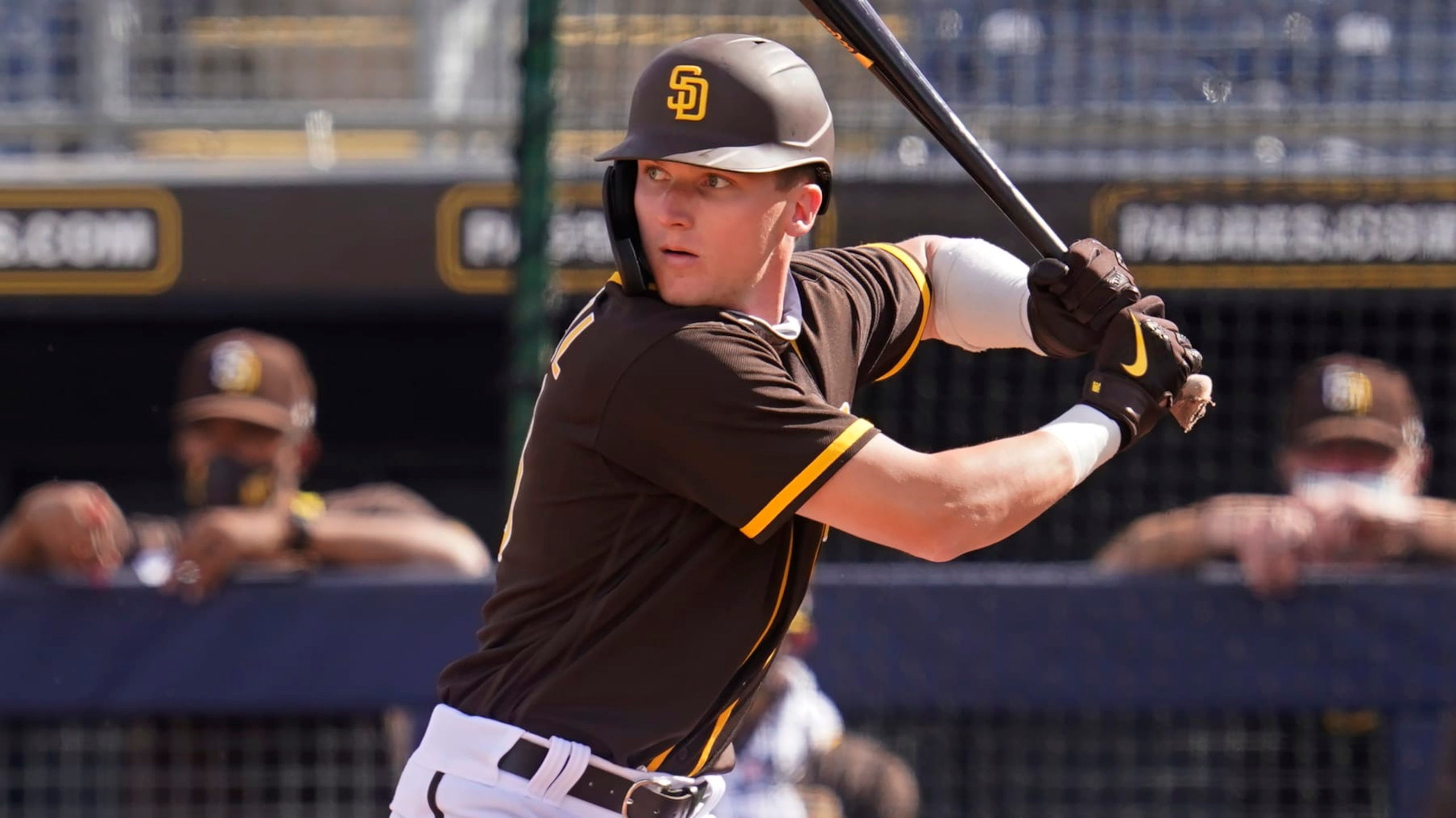 San Diego Padres' Robert Hassell III bats in a spring training baseball game against the Kansas City Royals, Sunday, March 7, 2021, in Peoria, Ariz. (AP Photo/Sue Ogrocki)