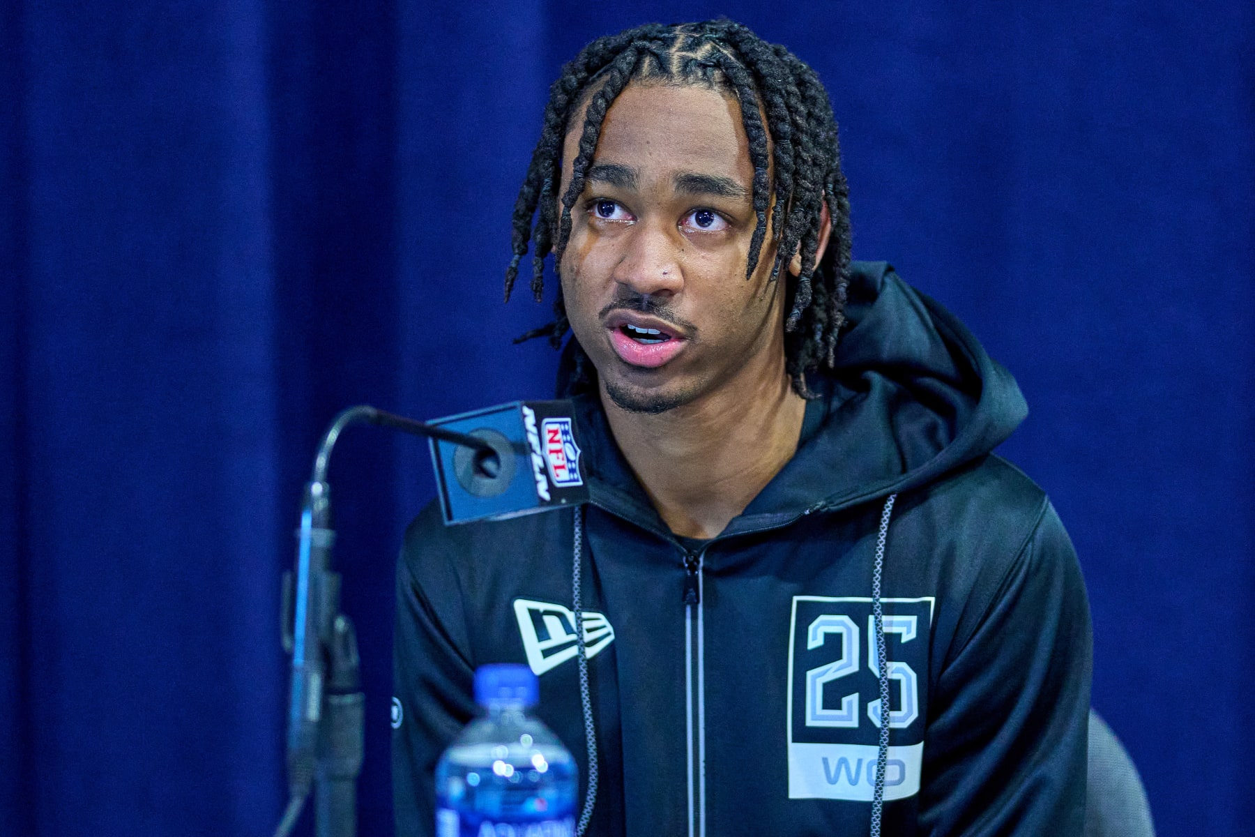 INDIANAPOLIS, IN - MARCH 02: Mississippi State wide receiver Makai Polk answers questions from the media during the NFL Scouting Combine on March 2, 2022, at the Indiana Convention Center in Indianapolis, IN. (Photo by Robin Alam/Icon Sportswire via Getty Images)