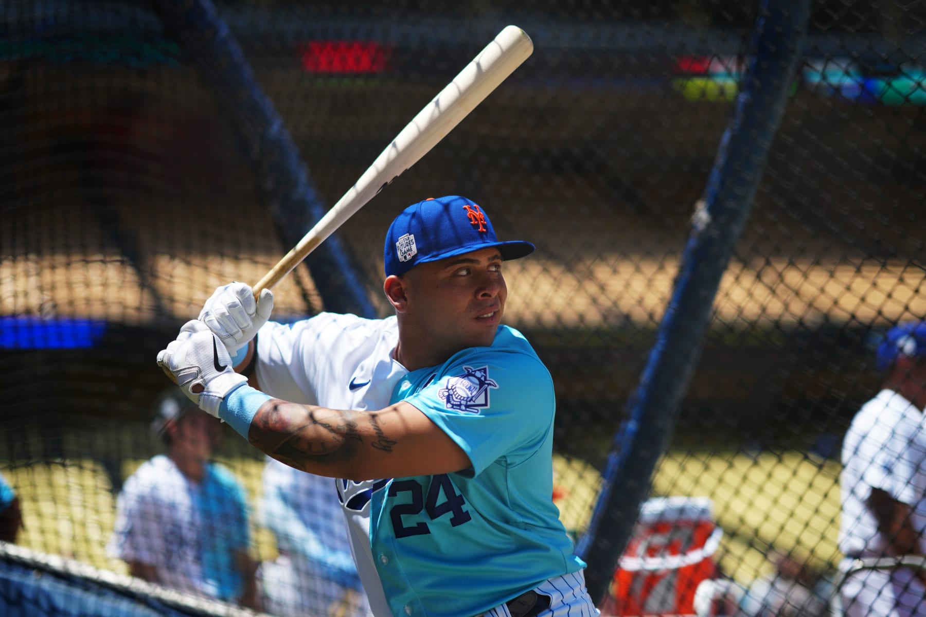 LOS ANGELES, CA - JULY 16: Francisco Alvarez #24 of the New York Mets during batting practice prior to the 2022 SiriusXM All-Star Futures Game at Dodger Stadium on Saturday, July 16, 2022 in Los Angeles, California. (Photo by Daniel Shirey/MLB Photos via Getty Images)