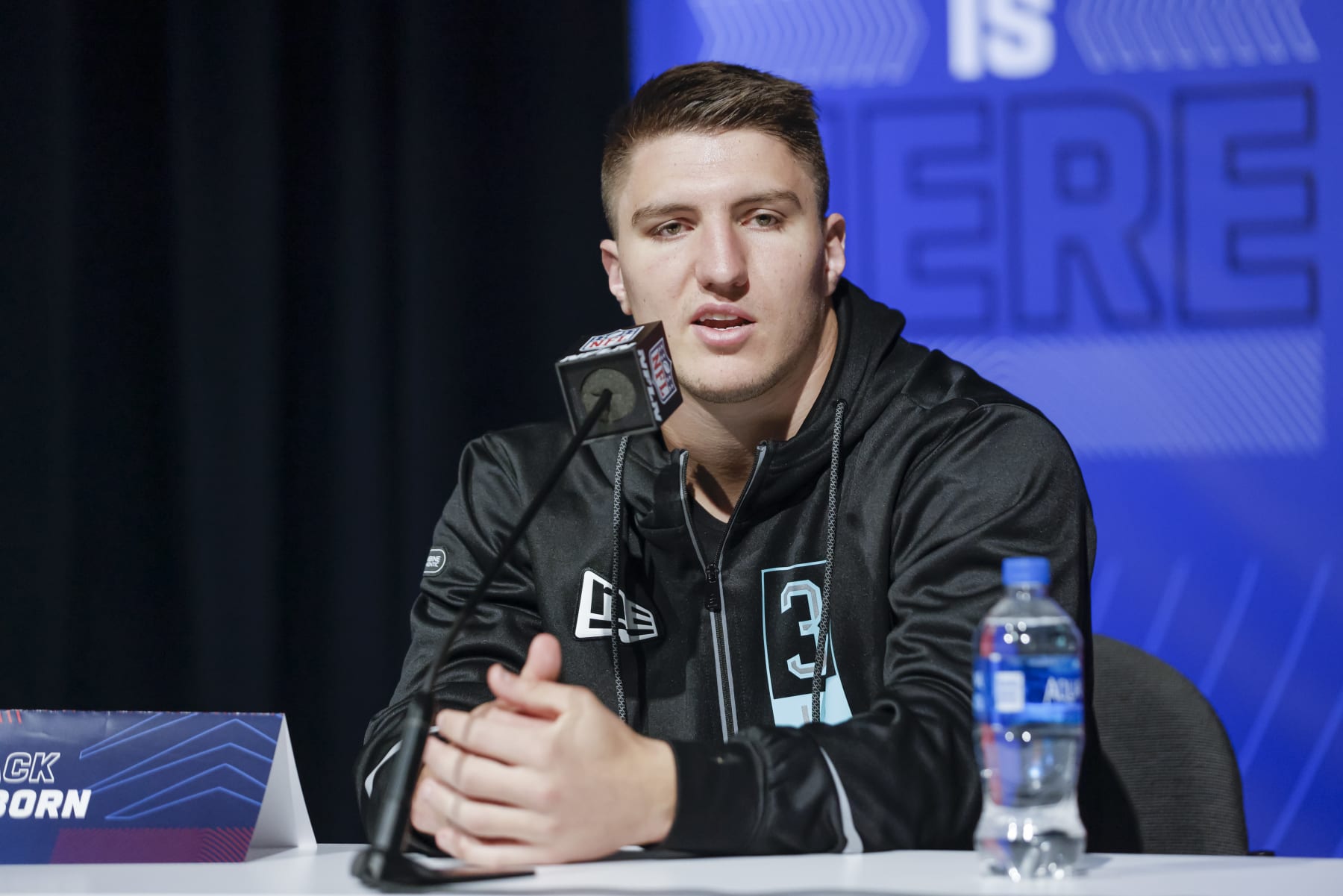 INDIANAPOLIS, IN - MAR 04: Jack Sanborn #LB31 of the Wisconsin speaks to reporters during the NFL Draft Combine at the Indiana Convention Center on March 4, 2022 in Indianapolis, Indiana. (Photo by Michael Hickey/Getty Images)