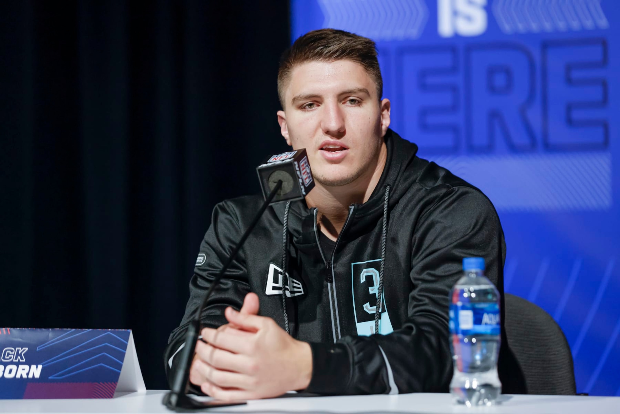 INDIANAPOLIS, IN - MAR 04: Jack Sanborn #LB31 of the Wisconsin speaks to reporters during the NFL Draft Combine at the Indiana Convention Center on March 4, 2022 in Indianapolis, Indiana. (Photo by Michael Hickey/Getty Images)