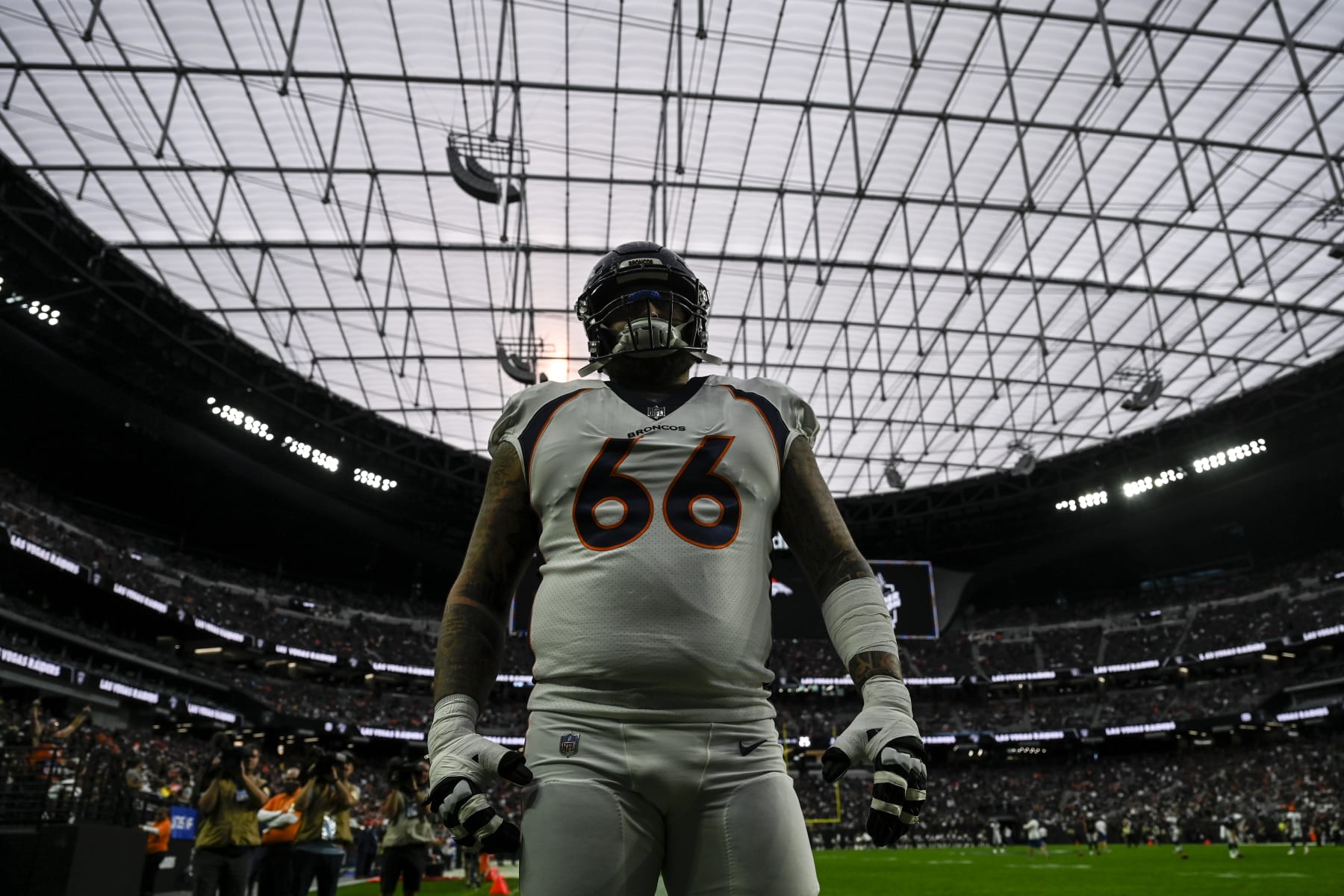 LAS VEGAS, NV - DECEMBER 26: Dalton Risner (66) of the Denver Broncos prepares to lead the team onto the field before the first half against the Las Vegas Raiders at Allegiant Stadium on Sunday, December 26, 2021. (Photo by AAron Ontiveroz/MediaNews Group/The Denver Post via Getty Images)
