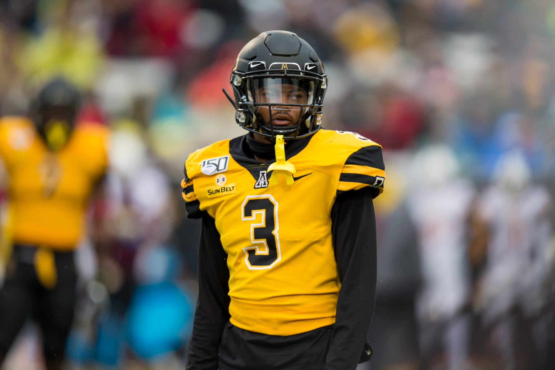 BOONE, NC - OCTOBER 19: Appalachian State University defensive back Shaun Jolly (3) looks on during a game between the Louisiana-Monroe Warhawks and the Appalachian State Mountaineers on October 19, 2019, at Kidd Brewer Stadium in Boone, North Carolina.  (Photo by Mary Holt/Icon Sportswire via Getty Images)