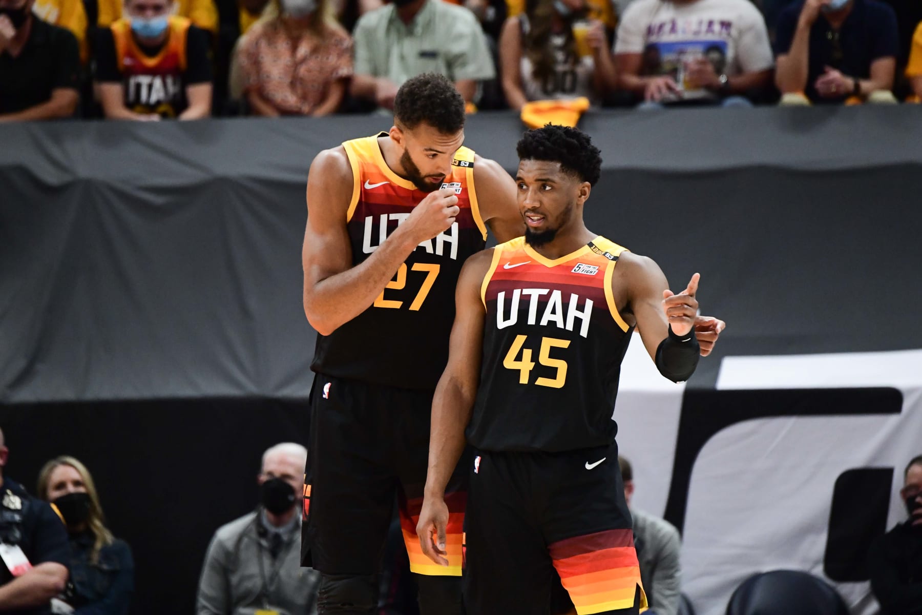 SALT LAKE CITY, UT - JUNE 10: Rudy Gobert #27 of the Utah Jazz talks to Donovan Mitchell #45 of the Utah Jazz during the game against the LA Clippers during Round 2, Game 2 of the 2021 NBA Playoffs on June 10, 2021 at vivint.SmartHome Arena in Salt Lake City, Utah. NOTE TO USER: User expressly acknowledges and agrees that, by downloading and or using this Photograph, User is consenting to the terms and conditions of the Getty Images License Agreement. Mandatory Copyright Notice: Copyright 2021 NBAE (Photo by Adam Pantozzi/NBAE via Getty Images)
