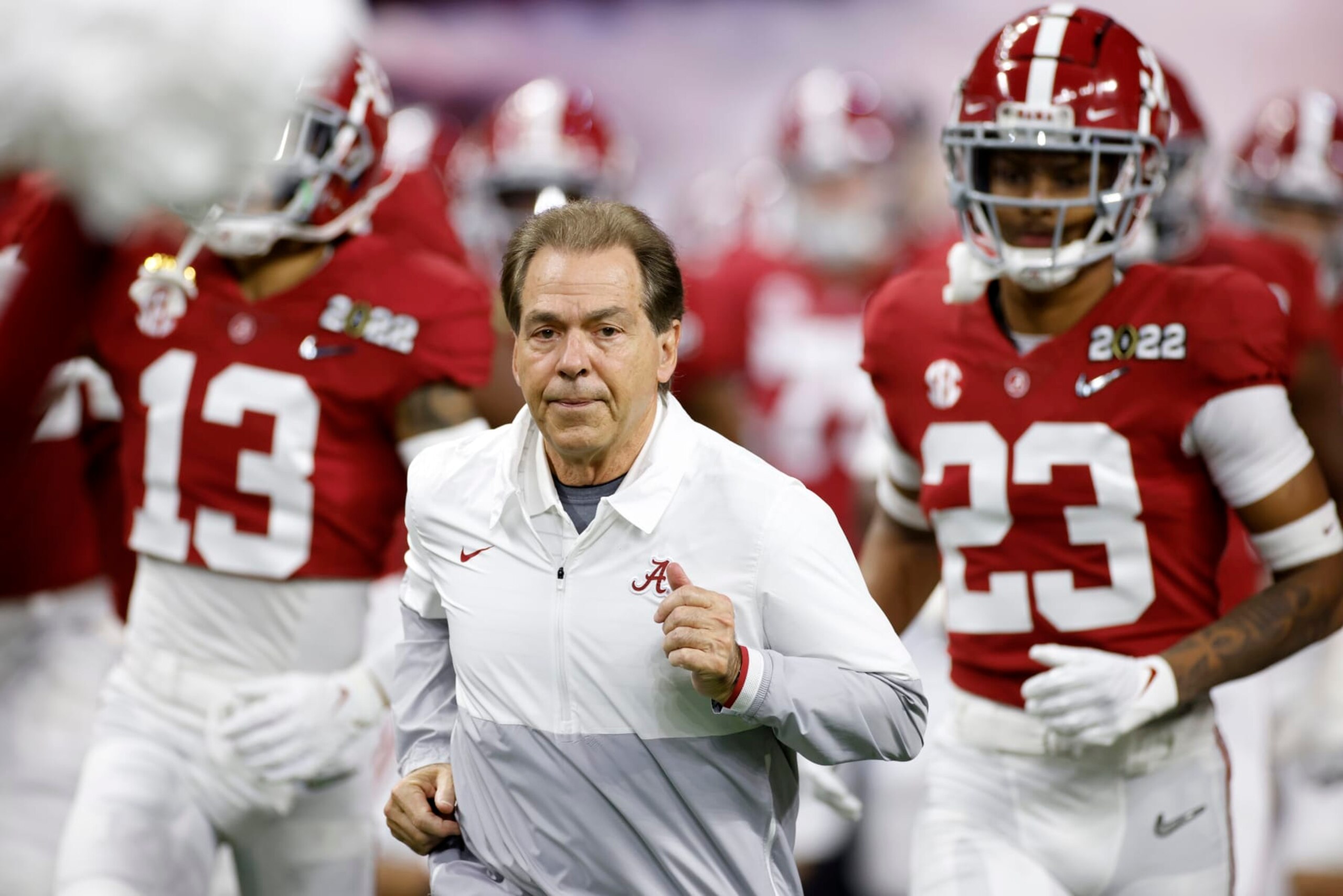 INDIANAPOLIS, IN - JANUARY 10: Alabama Crimson Tide head coach Nick Saban leads his team to the field prior to the CFP National Championship college football game against the Georgia Bulldogs on Jan. 10, 2022 at Lucas Oil Stadium in Indianapolis, Indiana. (Photo by Joe Robbins/Icon Sportswire via Getty Images)