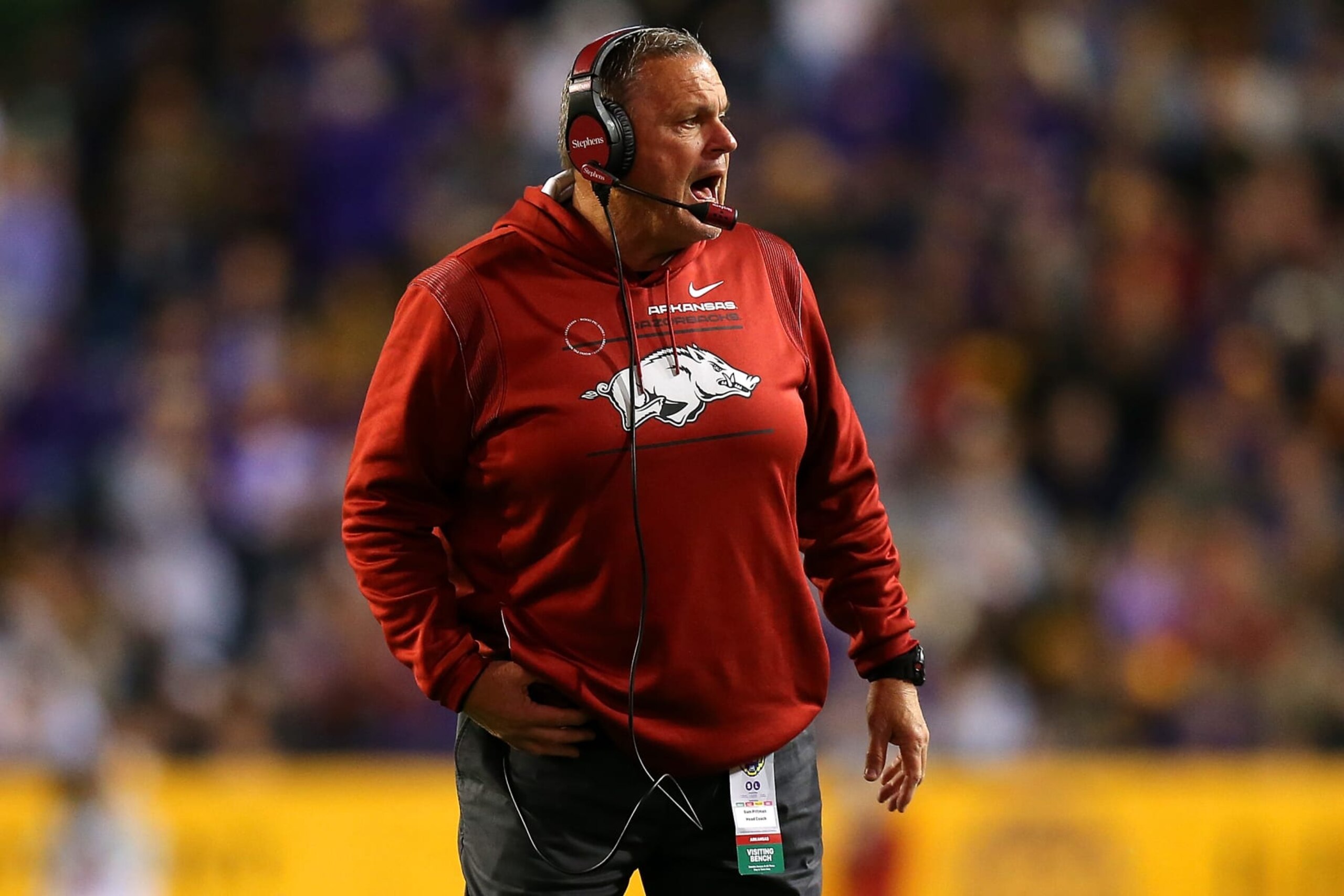 BATON ROUGE, LOUISIANA - NOVEMBER 13: Head coach Sam Pittman of the Arkansas Razorbacks reacts against the LSU Tigers during a game at Tiger Stadium on November 13, 2021 in Baton Rouge, Louisiana. (Photo by Jonathan Bachman/Getty Images)