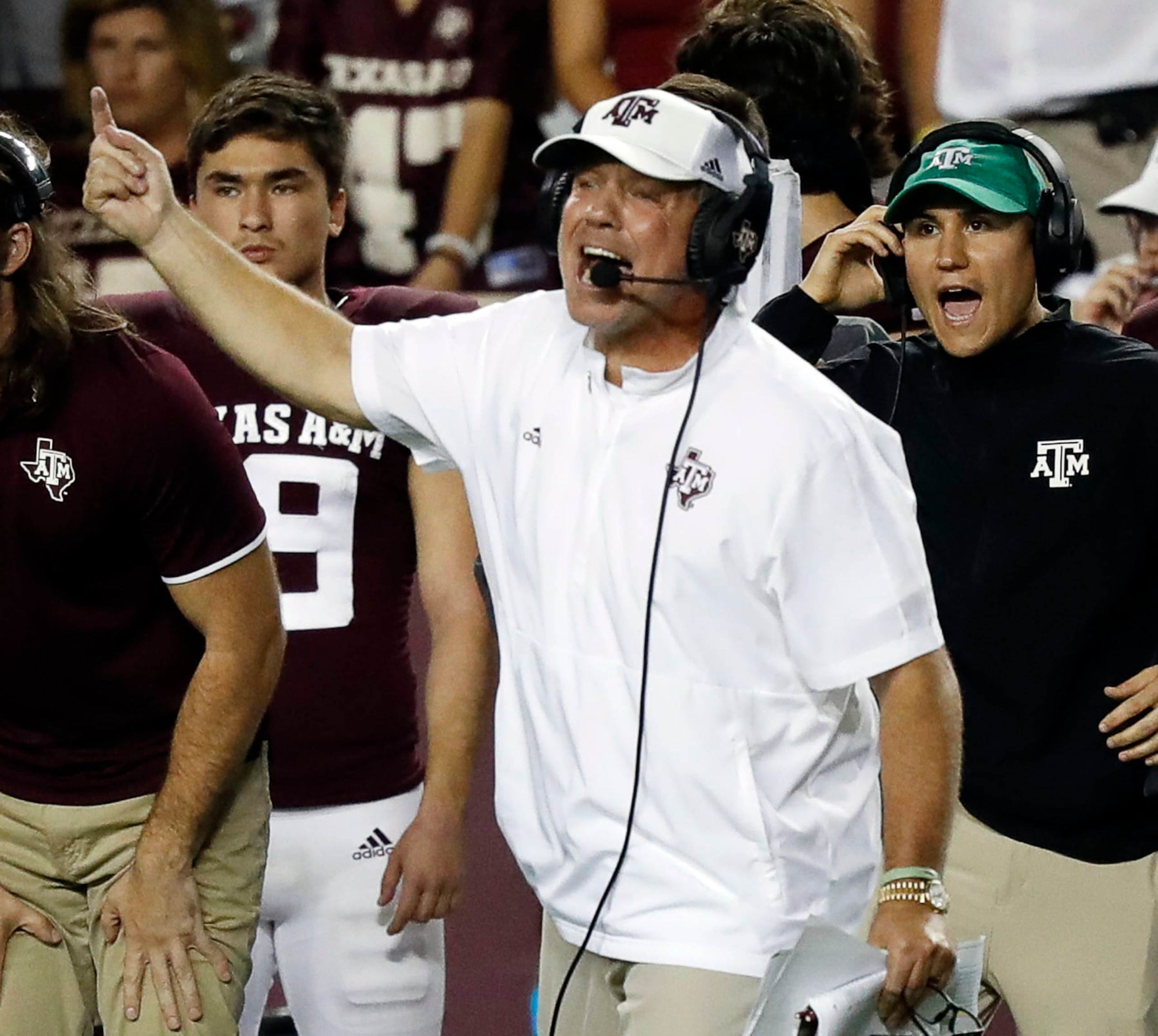 COLLEGE STATION, TEXAS - OCTOBER 09: Head coach Jimbo Fisher of the Texas A&M Aggies  against the Alabama Crimson Tide at Kyle Field on October 09, 2021 in College Station, Texas. (Photo by Bob Levey/Getty Images)