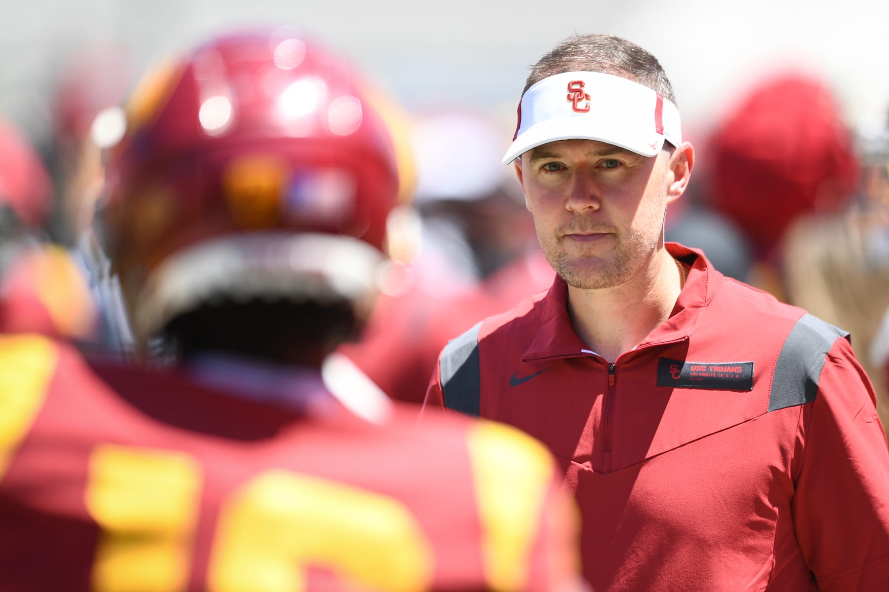 LOS ANGELES, CA - APRIL 23: USC Trojans head coach Lincoln Riley looks on during USC Trojans Spring Game on April 23, 2022, at Los Angeles Memorial Coliseum in Los Angeles, CA. (Photo by Brian Rothmuller/Icon Sportswire via Getty Images)