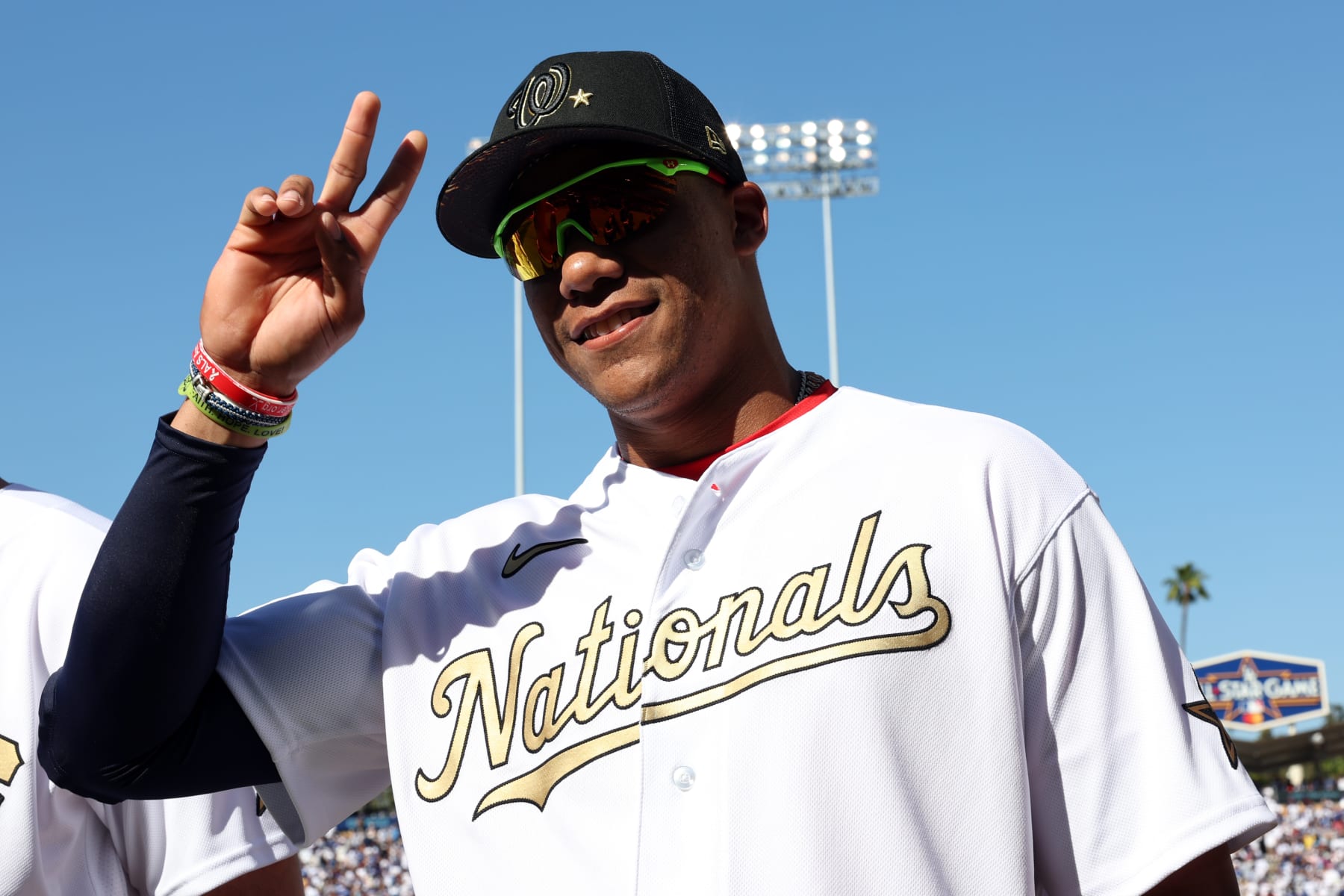 LOS ANGELES, CA - JULY 19:  Juan Soto #22 of the Washington Nationals is introduced prior to the 92nd MLB All-Star Game presented by Mastercard at Dodger Stadium on Tuesday, July 19, 2022 in Los Angeles, California. (Photo by Mary DeCicco/MLB Photos via Getty Images)