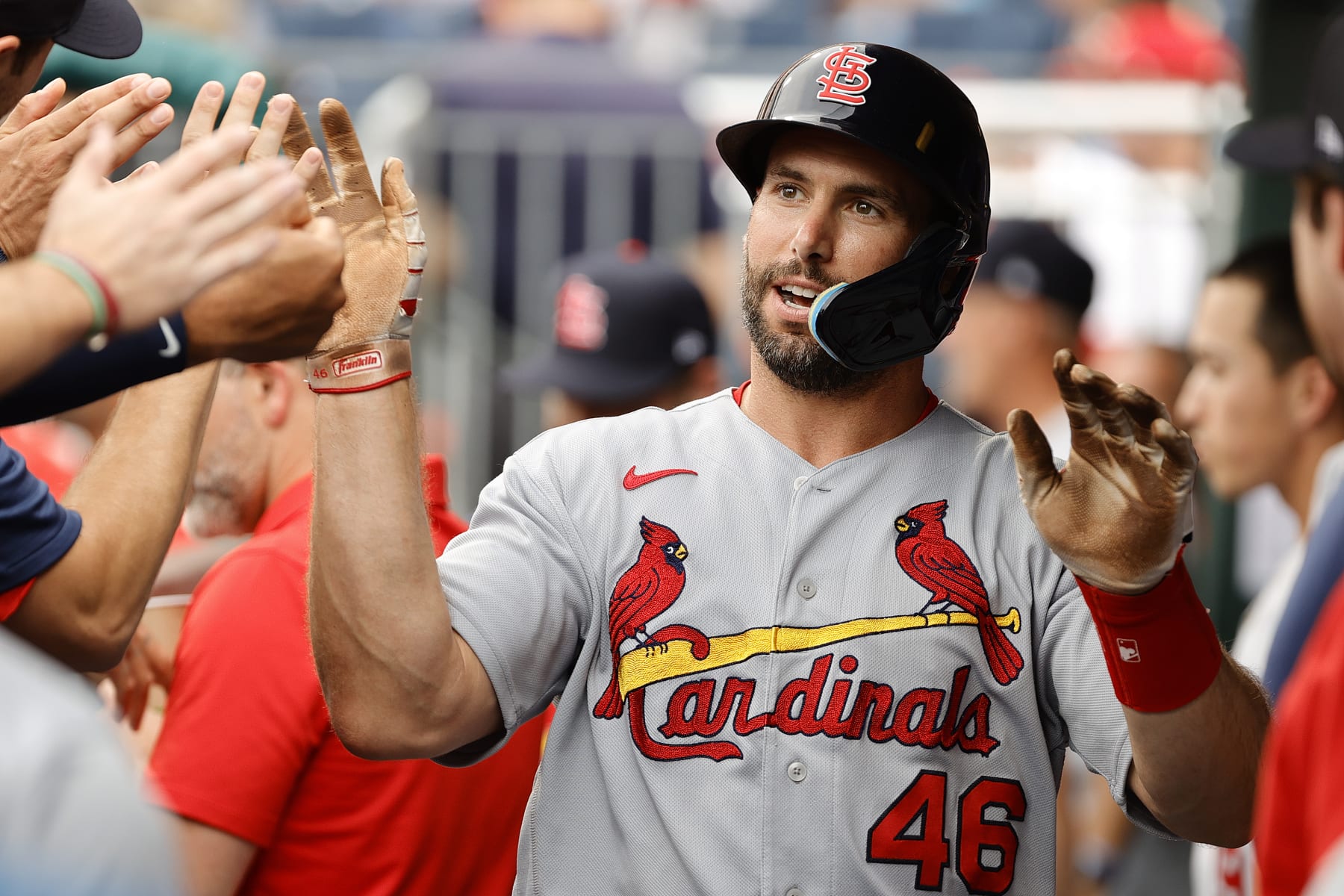 PHILADELPHIA, PENNSYLVANIA - JULY 01: Paul Goldschmidt #46 of the St. Louis Cardinals celebrates with teammates after scoring during the first inning against the St. Louis Cardinals at Citizens Bank Park on July 01, 2022 in Philadelphia, Pennsylvania. (Photo by Tim Nwachukwu/Getty Images)
