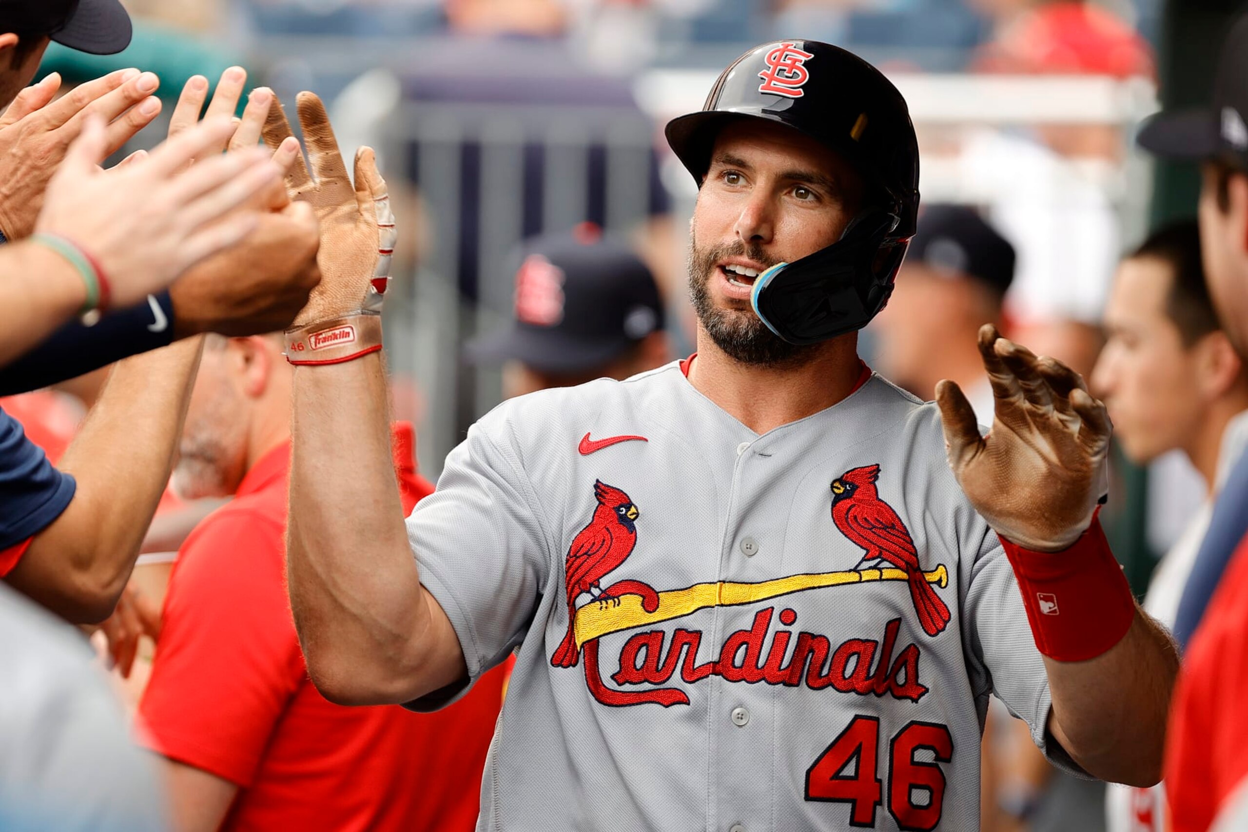 PHILADELPHIA, PENNSYLVANIA - JULY 01: Paul Goldschmidt #46 of the St. Louis Cardinals celebrates with teammates after scoring during the first inning against the St. Louis Cardinals at Citizens Bank Park on July 01, 2022 in Philadelphia, Pennsylvania. (Photo by Tim Nwachukwu/Getty Images)