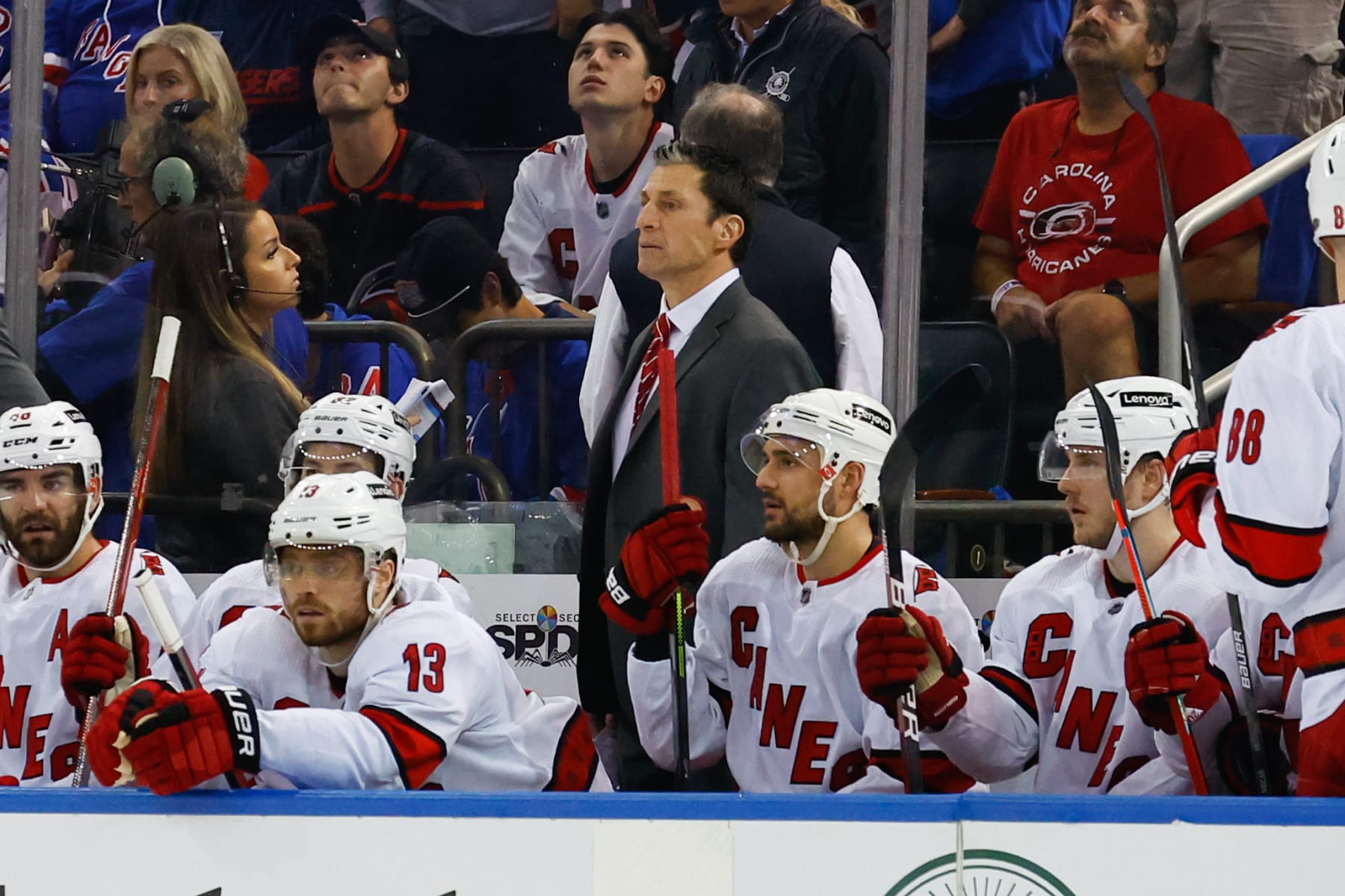 NEW YORK, NY - MAY 28:  Carolina Hurricanes head coach Rod Brind'Amour behind the bench against the New York Rangers during Game 6 of round 2 of the Stanley Cup playoffs on May 28, 2022 at Madison Square Garden in New York, New York.   (Photo by Rich Graessle/Icon Sportswire via Getty Images)