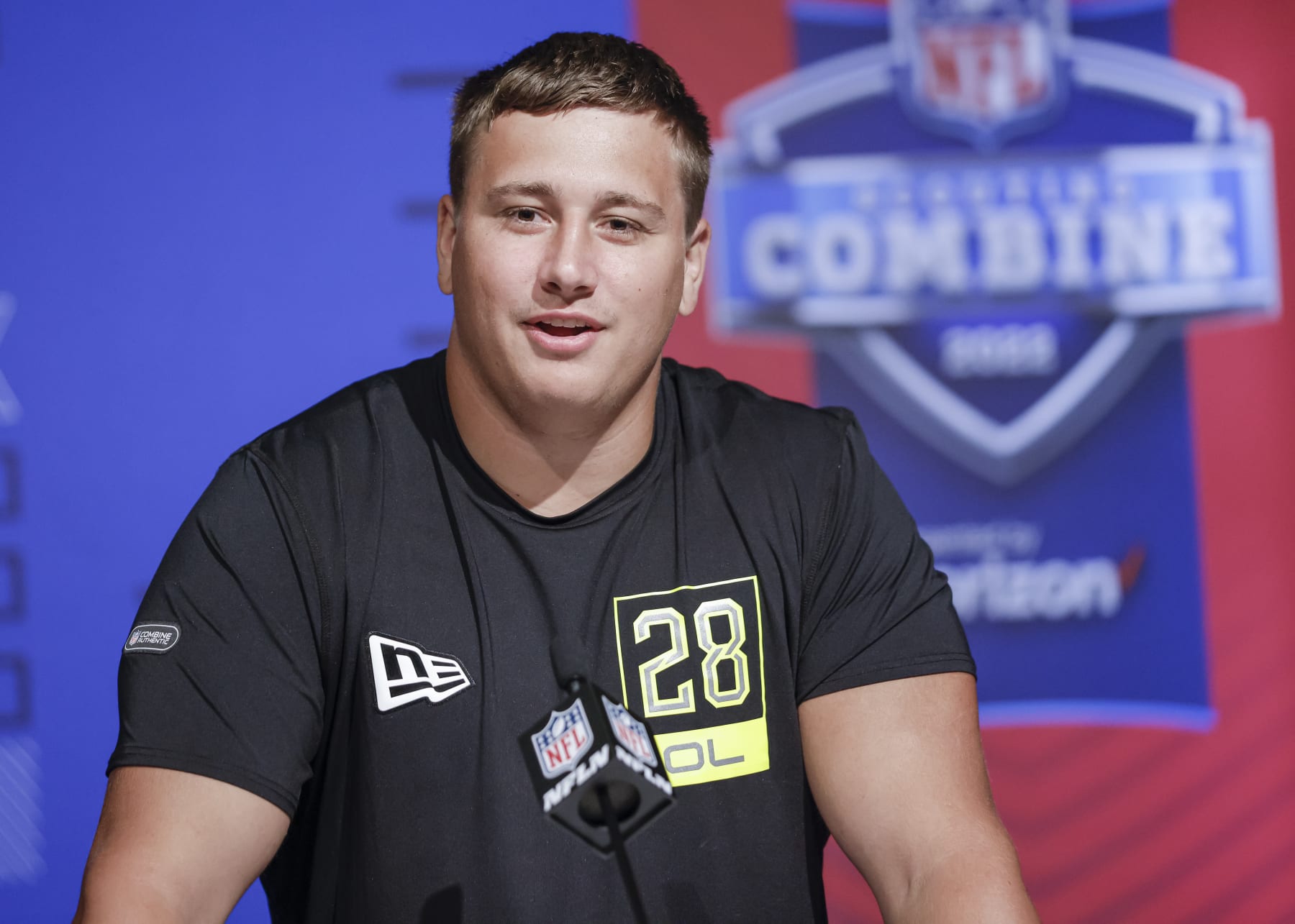 INDIANAPOLIS, IN - MAR 03: Alec Lindstrom #OL28 of the Boston College Eagles speaks to reporters during the NFL Draft Combine at the Indiana Convention Center on March 3, 2022 in Indianapolis, Indiana. (Photo by Michael Hickey/Getty Images)