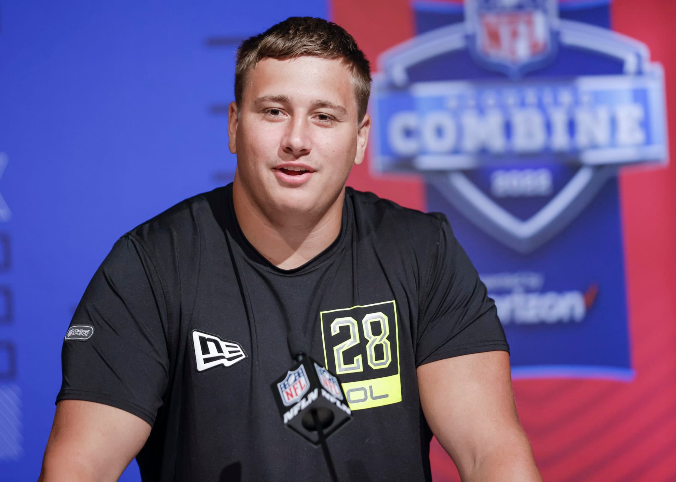 INDIANAPOLIS, IN - MAR 03: Alec Lindstrom #OL28 of the Boston College Eagles speaks to reporters during the NFL Draft Combine at the Indiana Convention Center on March 3, 2022 in Indianapolis, Indiana. (Photo by Michael Hickey/Getty Images)