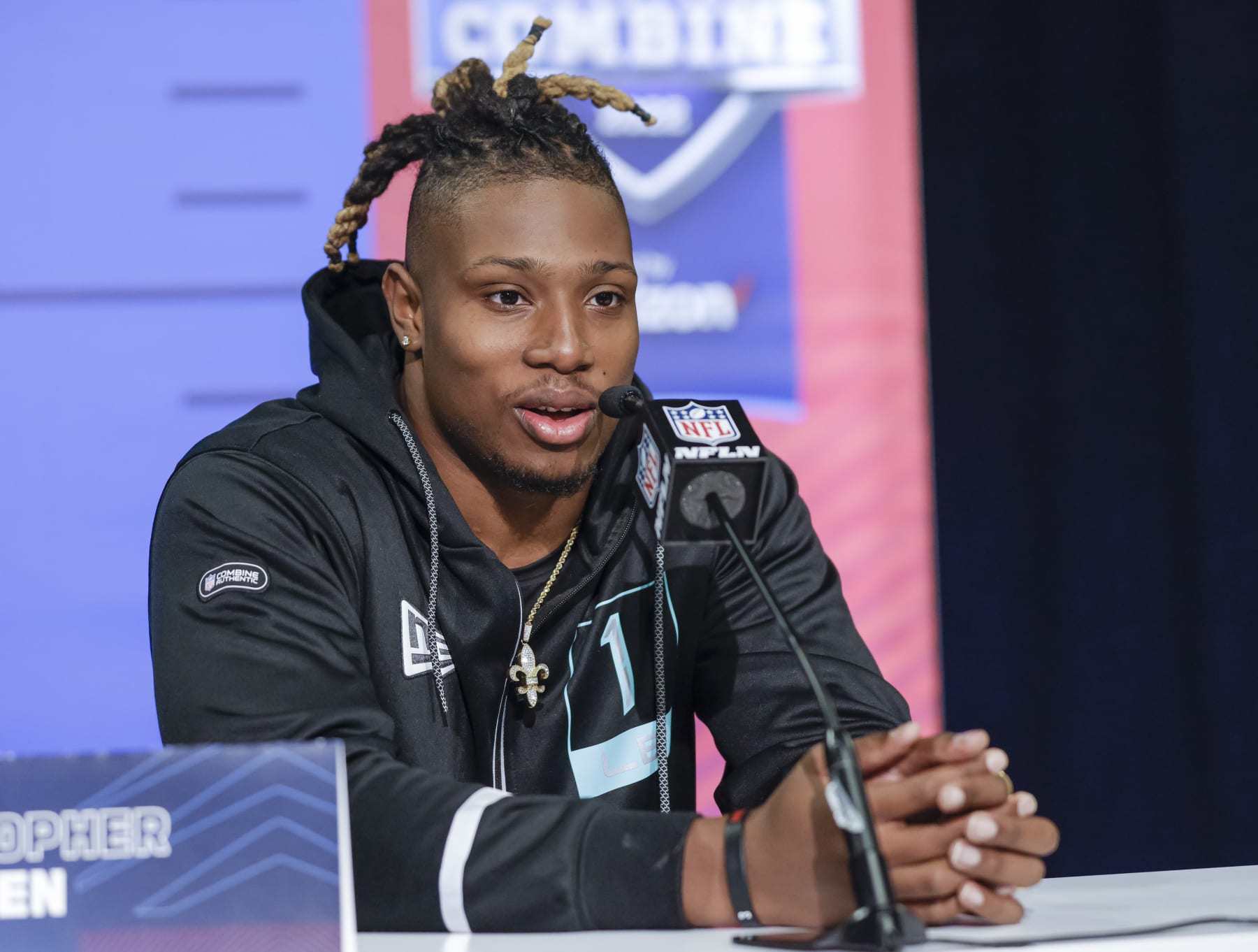 INDIANAPOLIS, IN - MAR 04: Christopher Allen #LB01 of the Alabama Crimson Tide speaks to reporters during the NFL Draft Combine at the Indiana Convention Center on March 4, 2022 in Indianapolis, Indiana. (Photo by Michael Hickey/Getty Images)