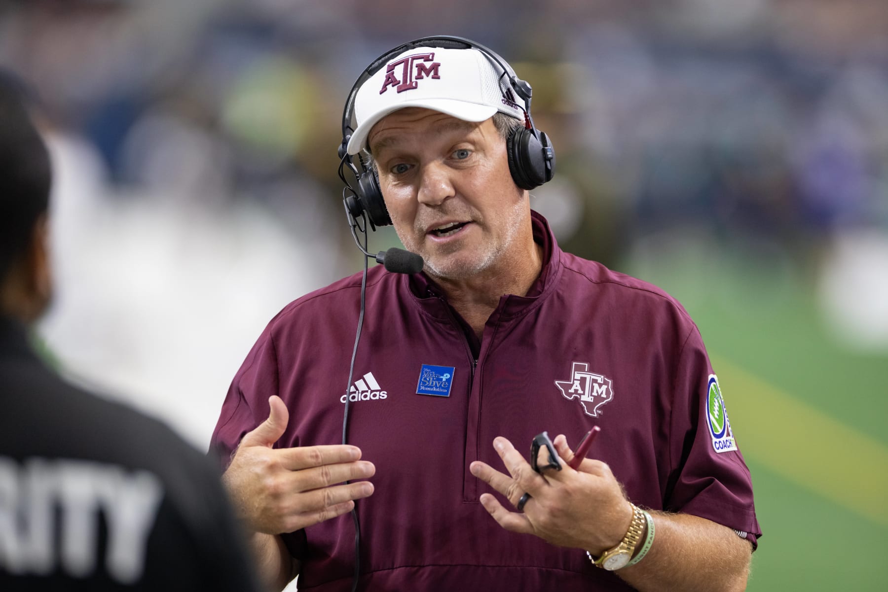 ARLINGTON, TX - SEPTEMBER 25: Texas A&M Aggies head coach Jimbo Fisher is interviewed on the field during the  Southwest Classic college football game between the Texas A&M Aggies and Arkansas Razorbacks on September 25, 2021 at AT&T Stadium in Arlington, TX.  (Photo by Matthew Visinsky/Icon Sportswire via Getty Images)