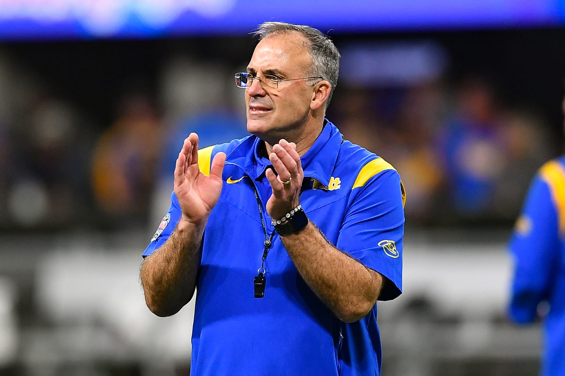 ATLANTA, GA  DECEMBER 30:  Pittsburgh head coach Pat Narduzzi prior to the start of the Chick-fil-A Peach Bowl between the Michigan State Spartans and Pittsburgh Panthers on December 30th, 2021 at Mercedes Benz Stadium in Atlanta, GA.  (Photo by Rich von Biberstein/Icon Sportswire via Getty Images)