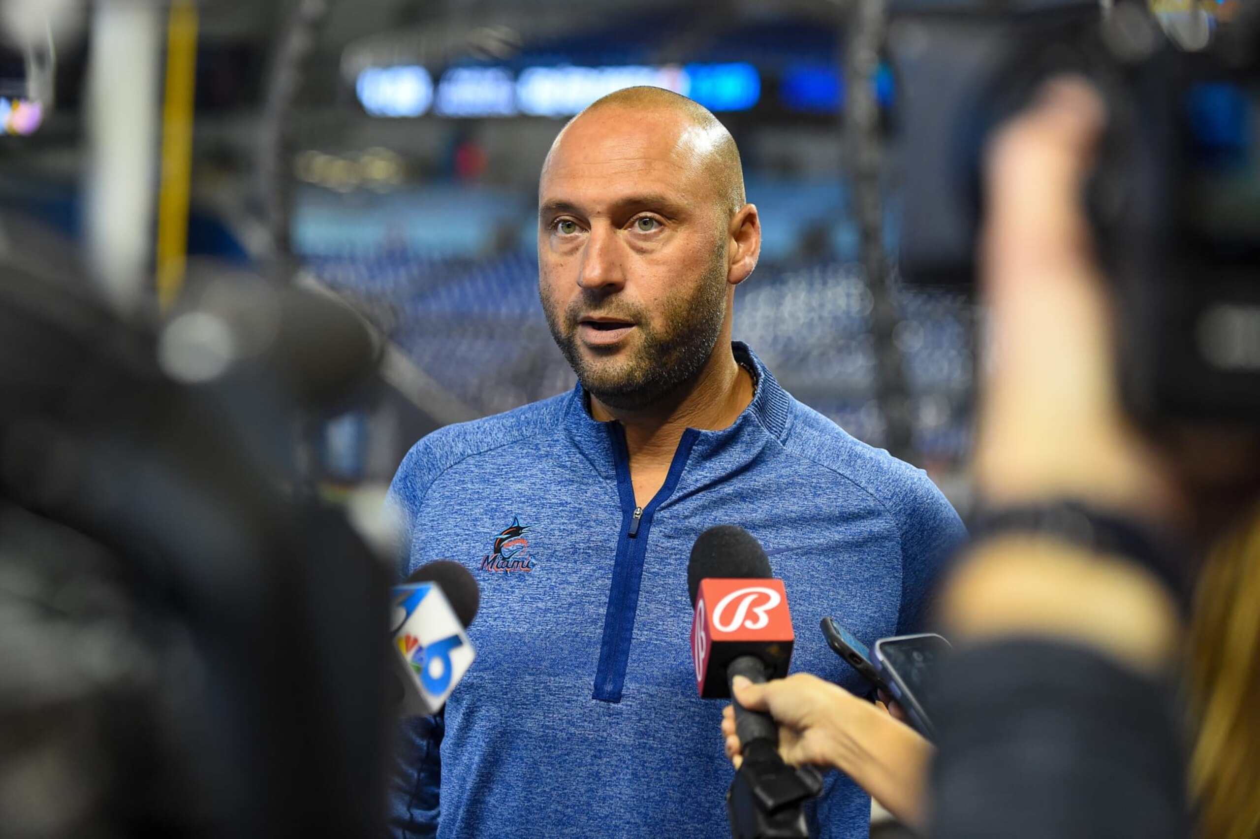 MIAMI, FLORIDA - OCTOBER 02: Miami Marlins CEO Derek Jeter speaks to the media before the start of the game against the Philadelphia Phillies at loanDepot park on October 02, 2021 in Miami, Florida. (Photo by Eric Espada/Getty Images) MIAMI, FLORIDA - OCTOBER 02: Miami Marlins CEO Derek Jeter speaks to the media before the start of the game against the Philadelphia Phillies at loanDepot park on October 02, 2021 in Miami, Florida. (Photo by Eric Espada/Getty Images)