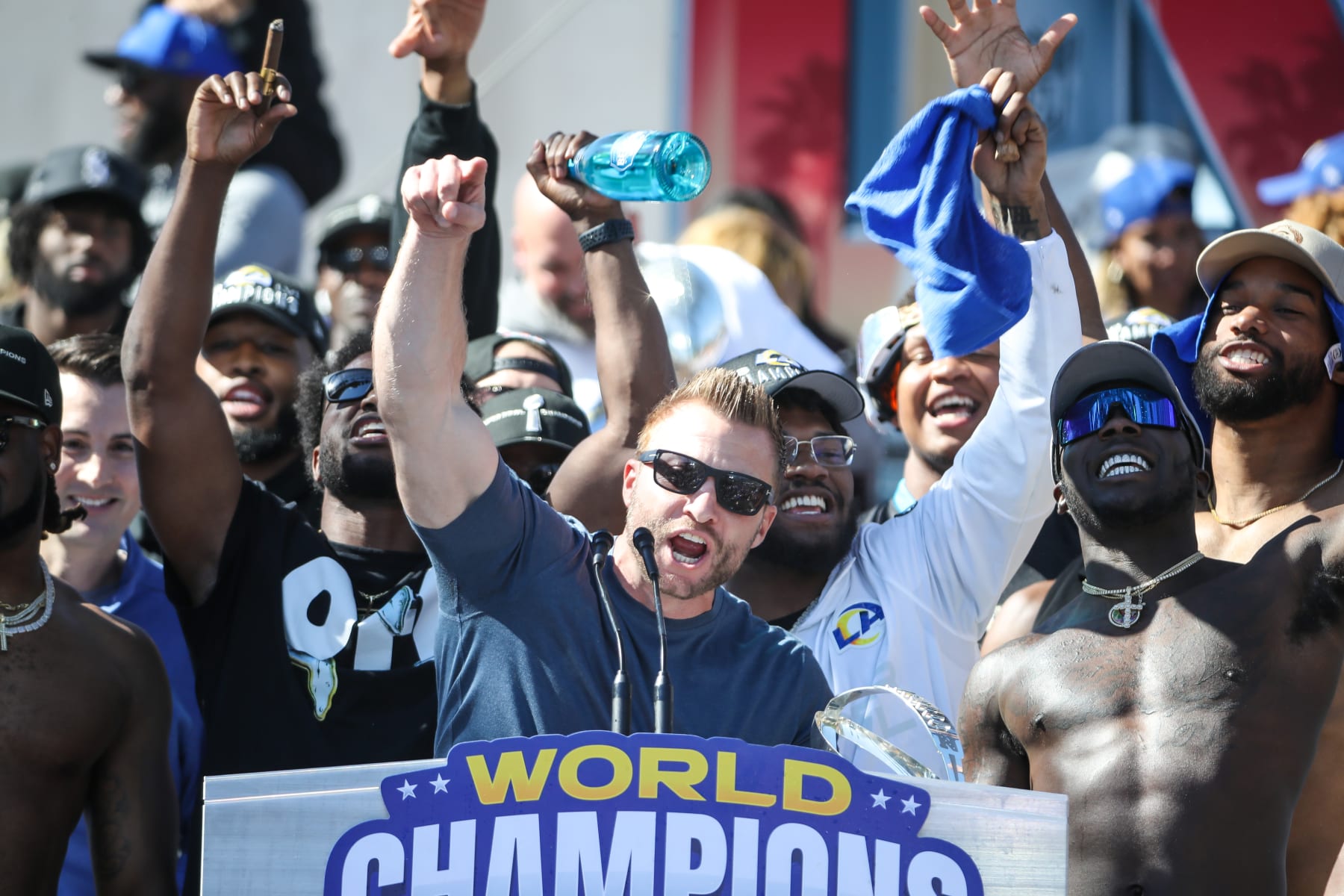 LOS ANGELES, CA - FEBRUARY 16: Los Angeles Rams head coach Sean McVay during the Los Angeles Rams Super Bowl LVI Championship parade on February 16, 2022, at the Los Angeles Memorial Coliseum in Los Angeles, CA. (Photo by Jevone Moore/Icon Sportswire via Getty Images)