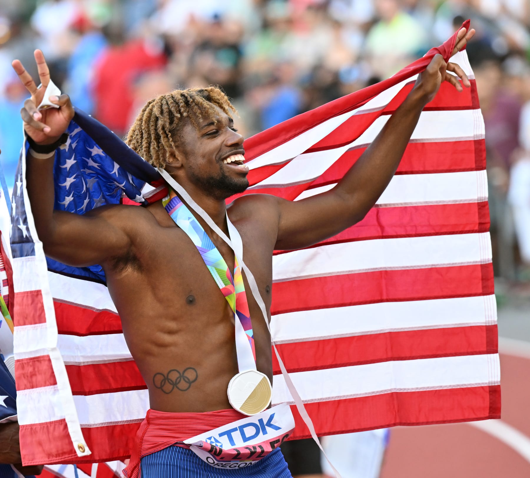 EUGENE, OREGON, USA - JULY 21:  Noah Lyles of Team United States celebrates after winning gold in the Men's 200m Final during the eighteenth edition of the World Athletics Championships at Hayward Field in Eugene, Oregon, United States on July 21, 2022. (Photo by Mustafa Yalcin/Anadolu Agency via Getty Images)