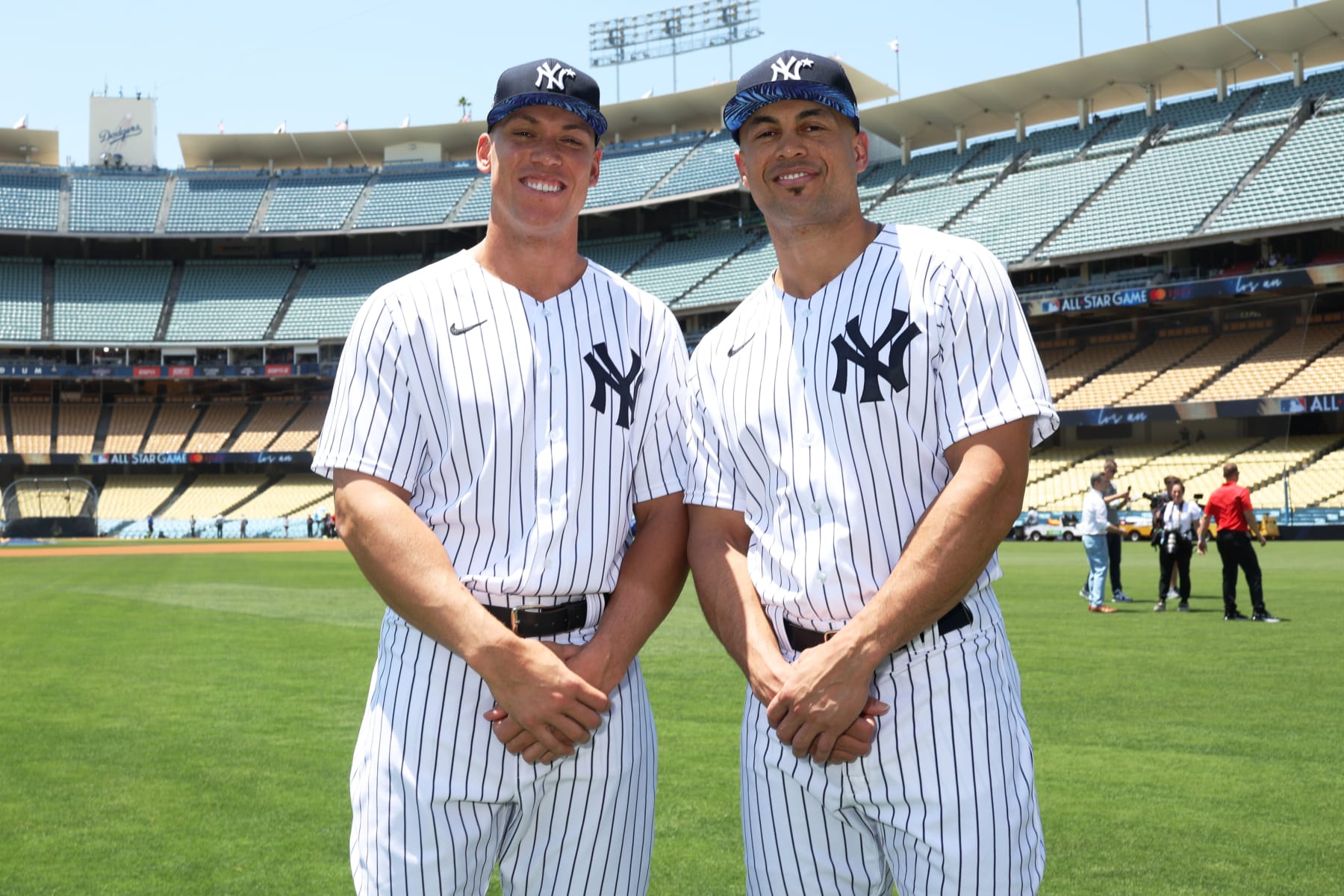LOS ANGELES, CA - JULY 18: Aaron Judge #99 and Giancarlo Stanton #27 of the New York Yankees pose for a photo during the Gatorade All-Star Workout Day at Dodger Stadium on Monday, July 18, 2022 in Los Angeles, California. (Photo by Rob Tringali/MLB Photos via Getty Images)