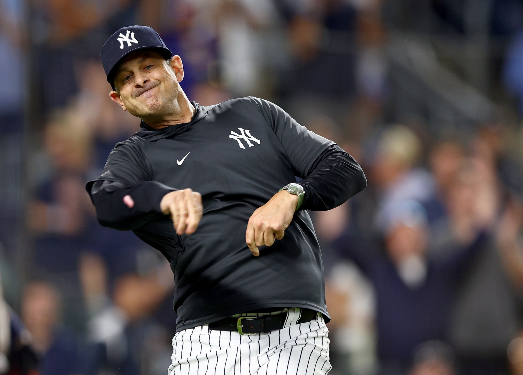 NEW YORK, NEW YORK - JULY 15:  Manager Aaron Boone #17 of the New York Yankees throws his gum as he is tossed from the game against the Boston Red Sox in the ninth inning at Yankee Stadium on July 15, 2022 in the Bronx borough of New York City. (Photo by Elsa/Getty Images)