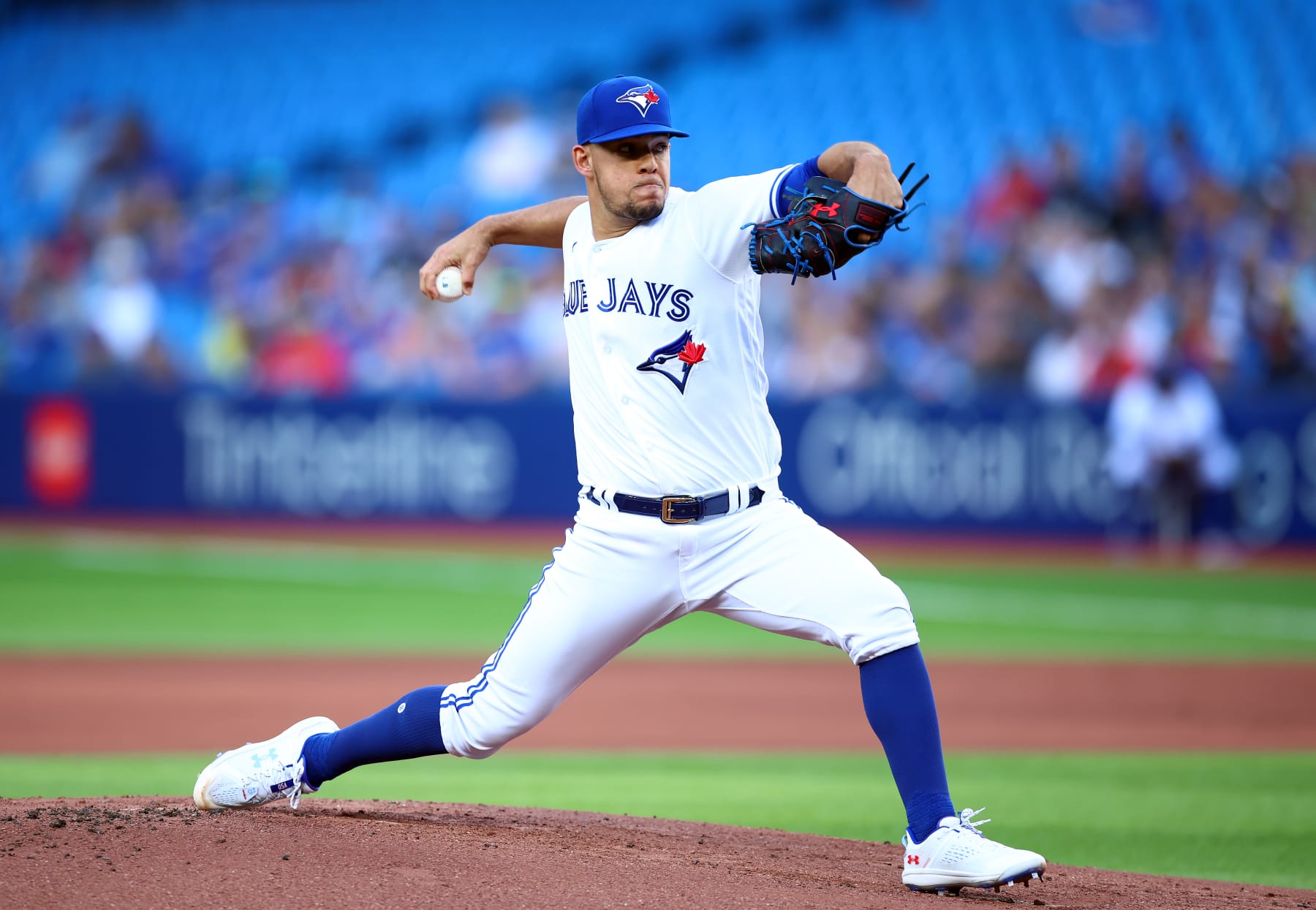 TORONTO, ON - JULY 12:  Jose Berrios #17 of the Toronto Blue Jays delivers a pitch in the first inning against the Philadelphia Phillies at Rogers Centre on July 12, 2022 in Toronto, Ontario, Canada.  (Photo by Vaughn Ridley/Getty Images)