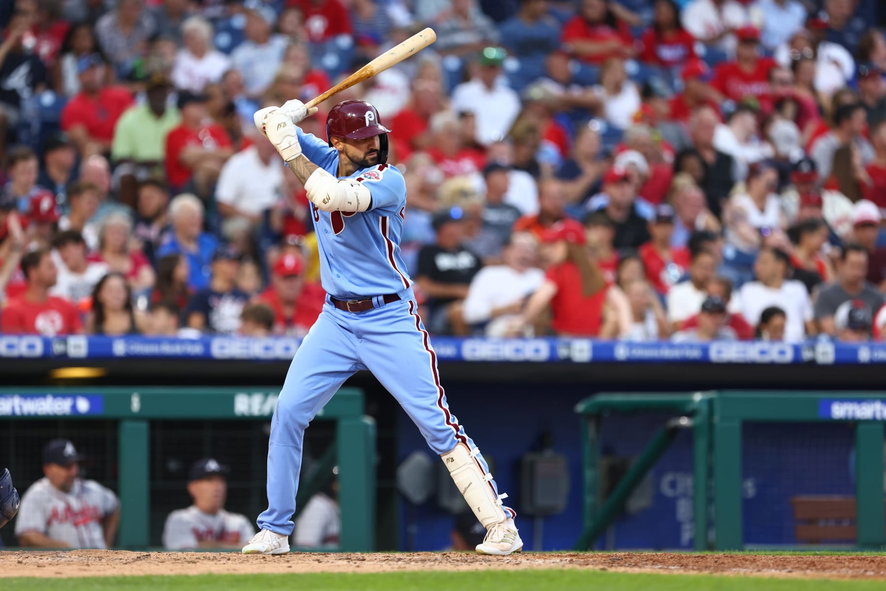 PHILADELPHIA, PA - JUNE 30: Nick Castellanos #8 of the Philadelphia Phillies in action against the Atlanta Braves during a game at Citizens Bank Park on June 30, 2022 in Philadelphia, Pennsylvania. (Photo by Rich Schultz/Getty Images)