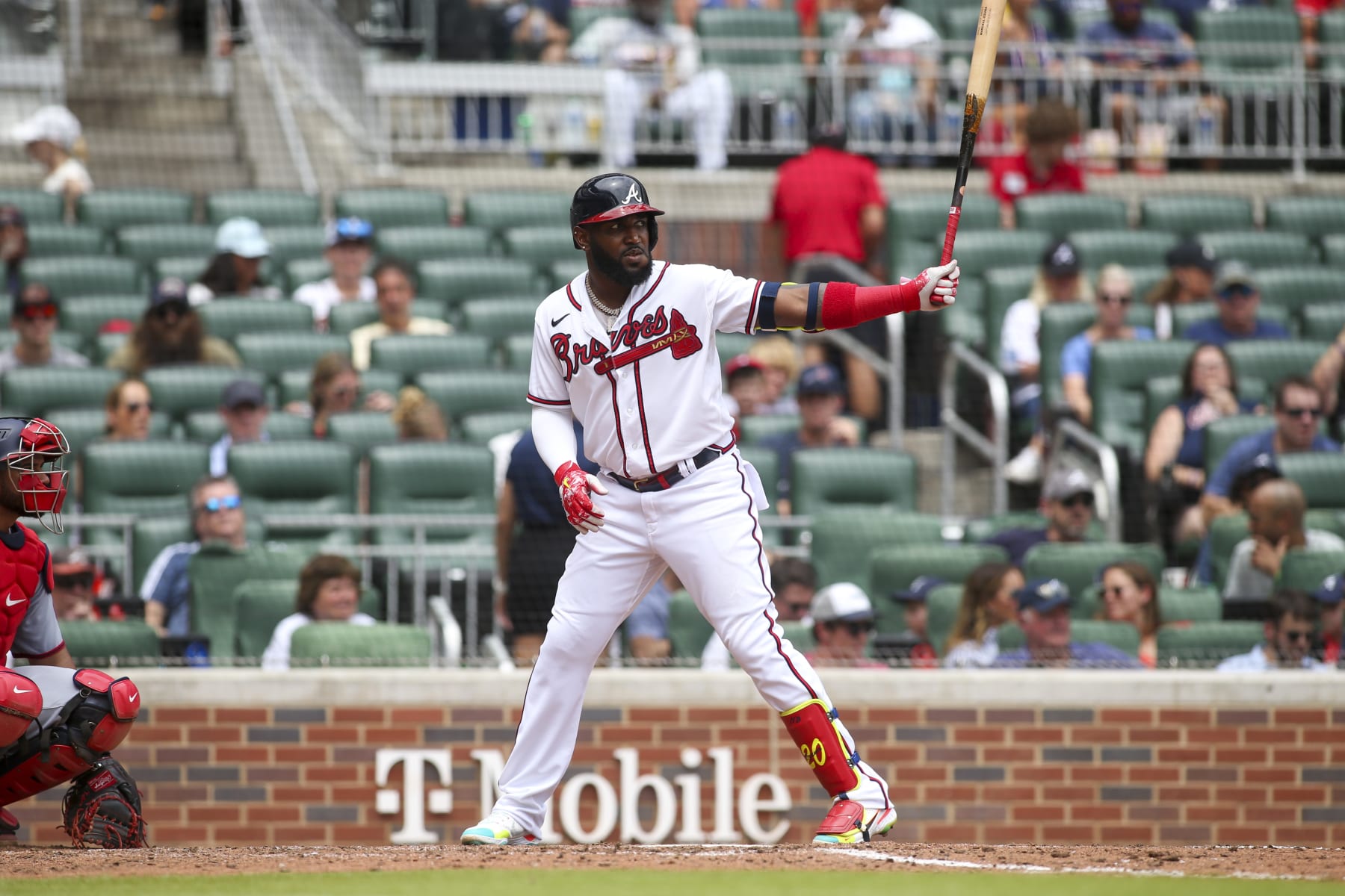 ATLANTA, GA - JULY 10: Marcell Ozuna #20 of the Atlanta Braves bats against the Washington Nationals in the fifth inning at Truist Park on July 10, 2022 in Atlanta, Georgia. (Photo by Brett Davis/Getty Images)