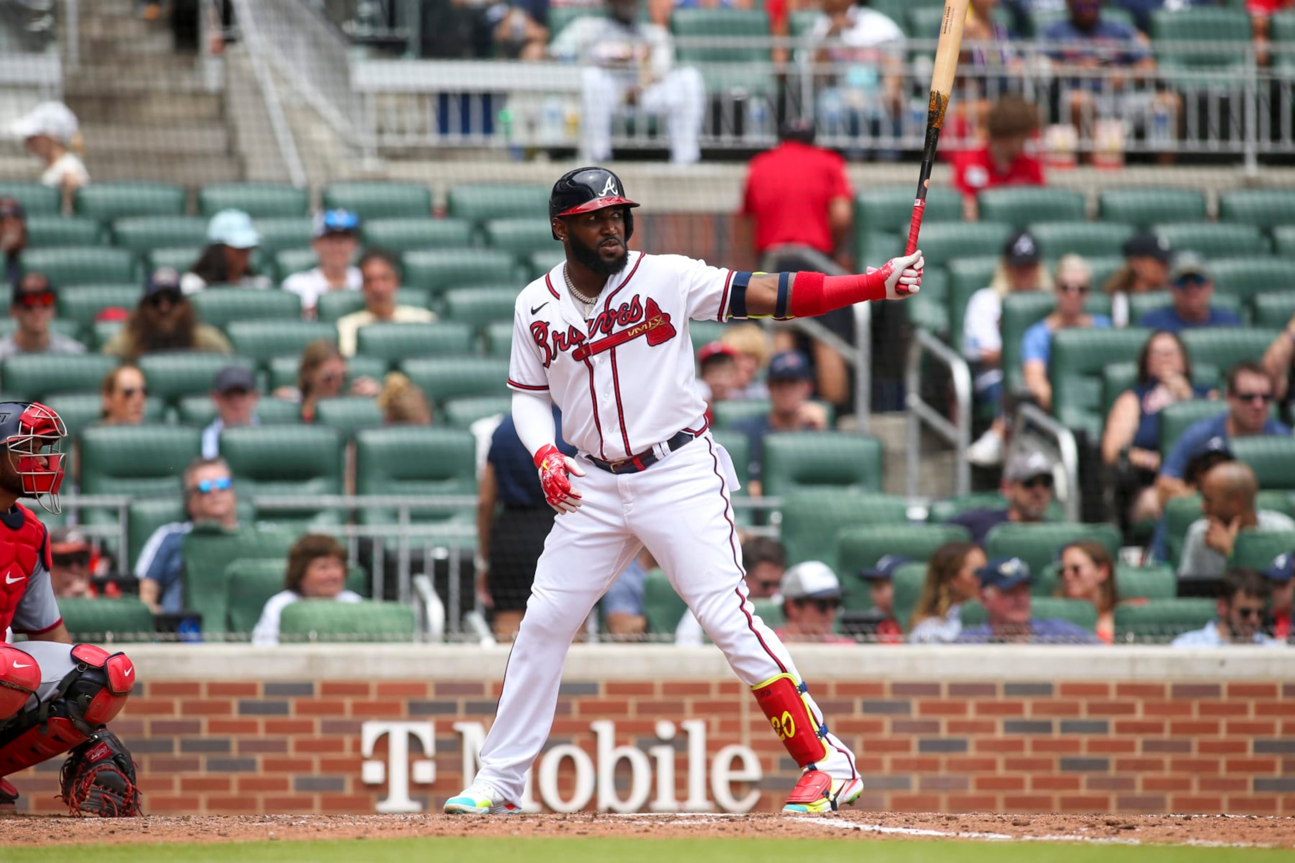 ATLANTA, GA - JULY 10: Marcell Ozuna #20 of the Atlanta Braves bats against the Washington Nationals in the fifth inning at Truist Park on July 10, 2022 in Atlanta, Georgia. (Photo by Brett Davis/Getty Images)