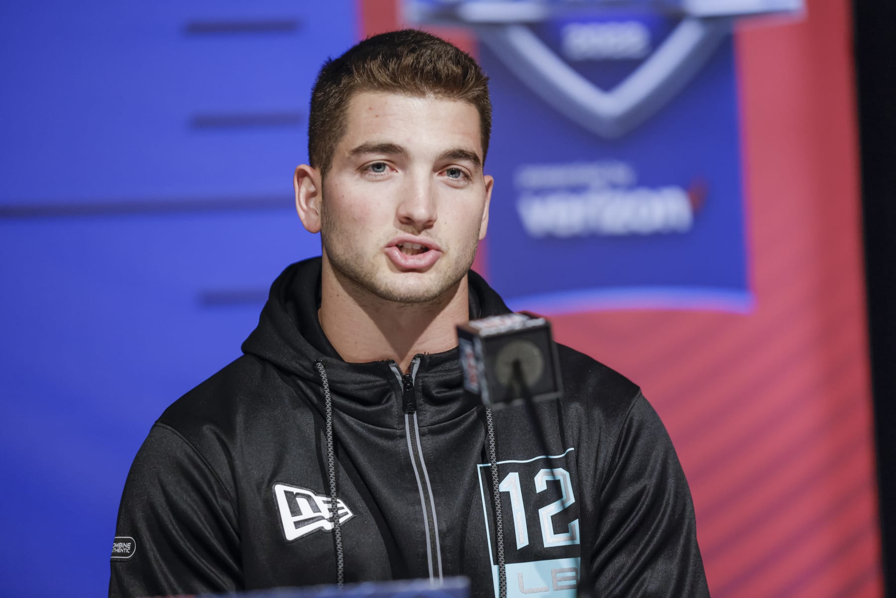INDIANAPOLIS, IN - MAR 04: Jojo Domann #LB12 of the Nebraska Cornhuskers speaks to reporters during the NFL Draft Combine at the Indiana Convention Center on March 4, 2022 in Indianapolis, Indiana. (Photo by Michael Hickey/Getty Images)