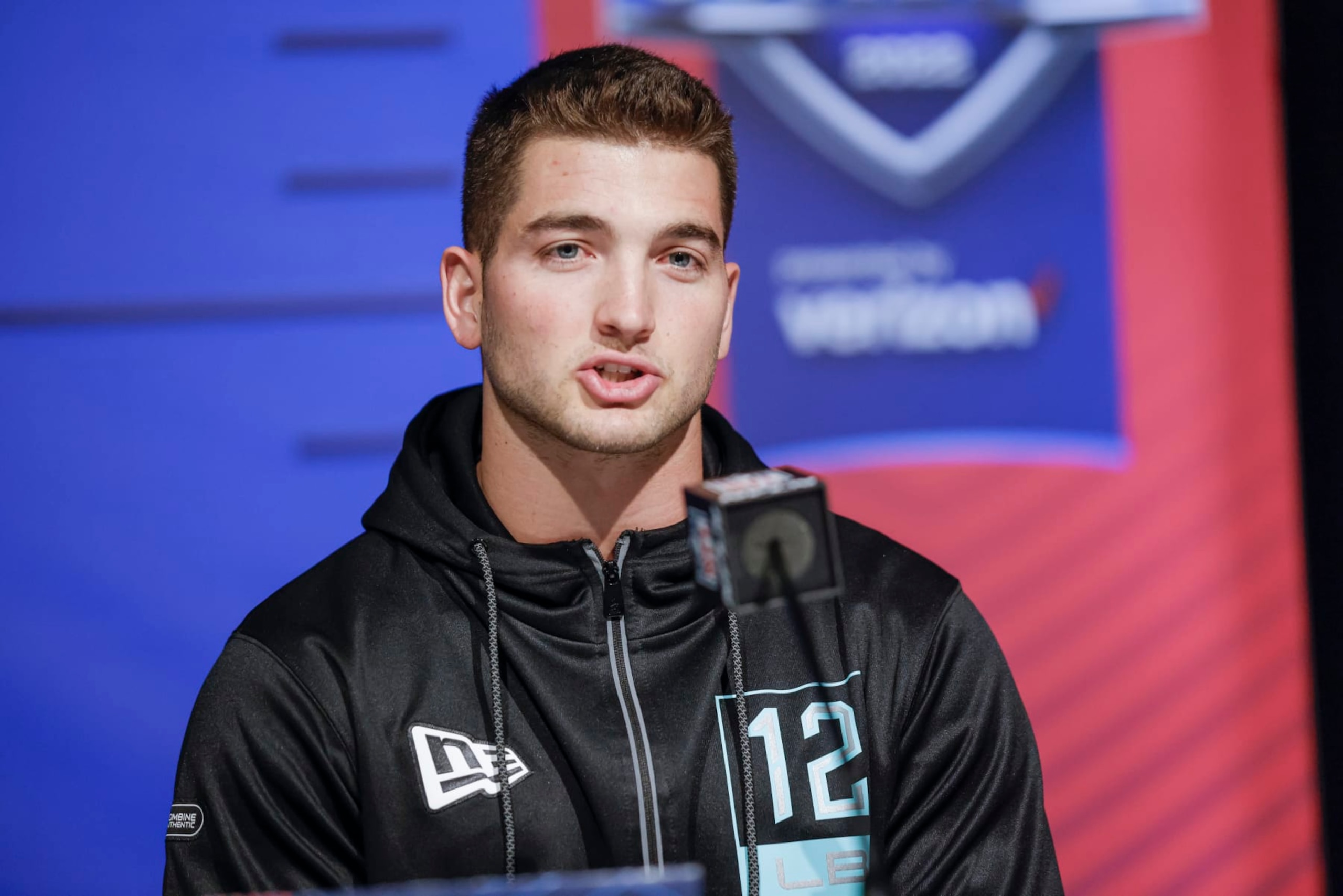 INDIANAPOLIS, IN - MAR 04: Jojo Domann #LB12 of the Nebraska Cornhuskers speaks to reporters during the NFL Draft Combine at the Indiana Convention Center on March 4, 2022 in Indianapolis, Indiana. (Photo by Michael Hickey/Getty Images)