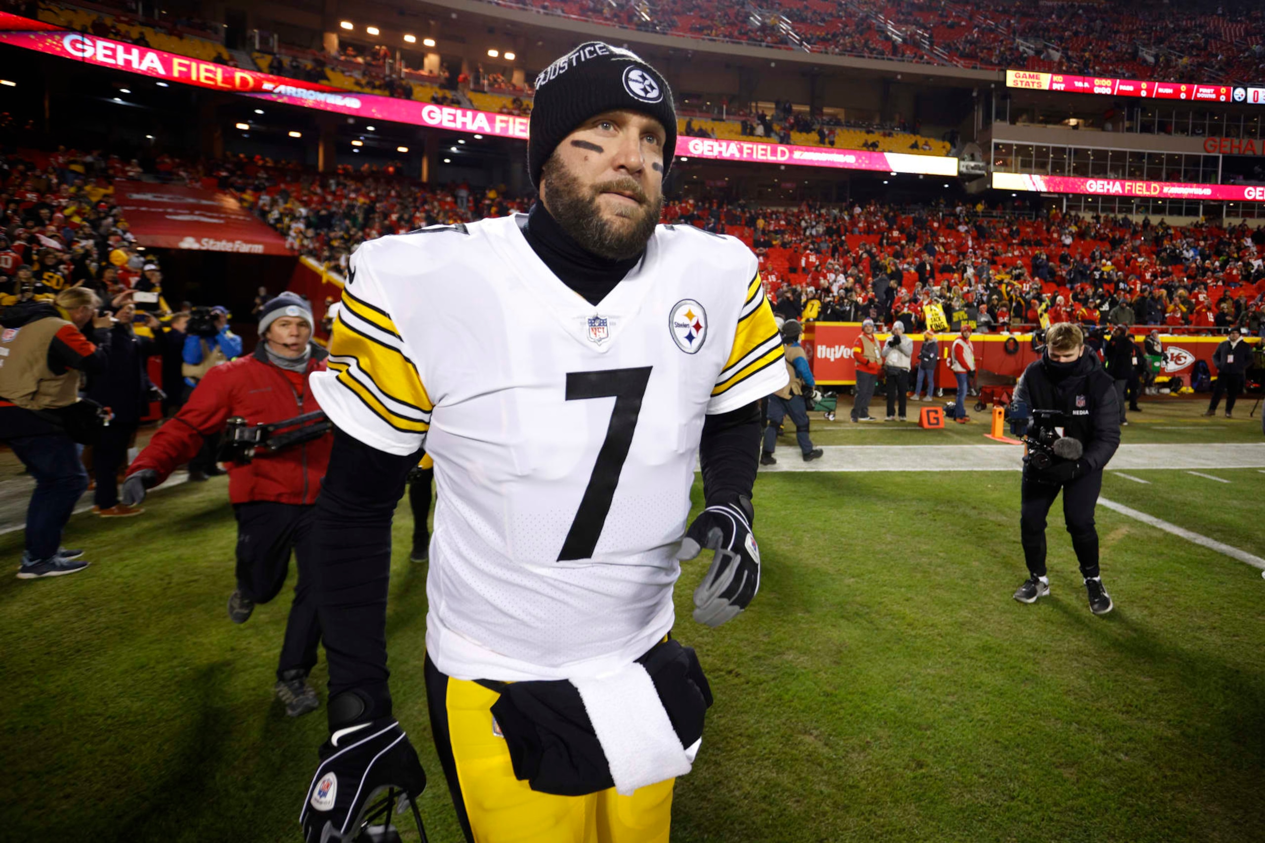 Pittsburgh Steelers quarterback Ben Roethlisberger (7) runs onto the field before an NFL wild-card playoff football game against the Kansas City Chiefs, Sunday, Jan. 16, 2022, in Kansas City, Mo. Ben Roethlisberger's NFL career is over. The longtime Pittsburgh Steelers quarterback announced his retirement on Thursday, Jan. 27, 2022, saying it was “time to clean out my locker, hang up my cleats” after 18 years, two Super Bowls, countless team records and a spot in the Hall of Fame all but secure.(AP Photo/Colin E. Braley, File)