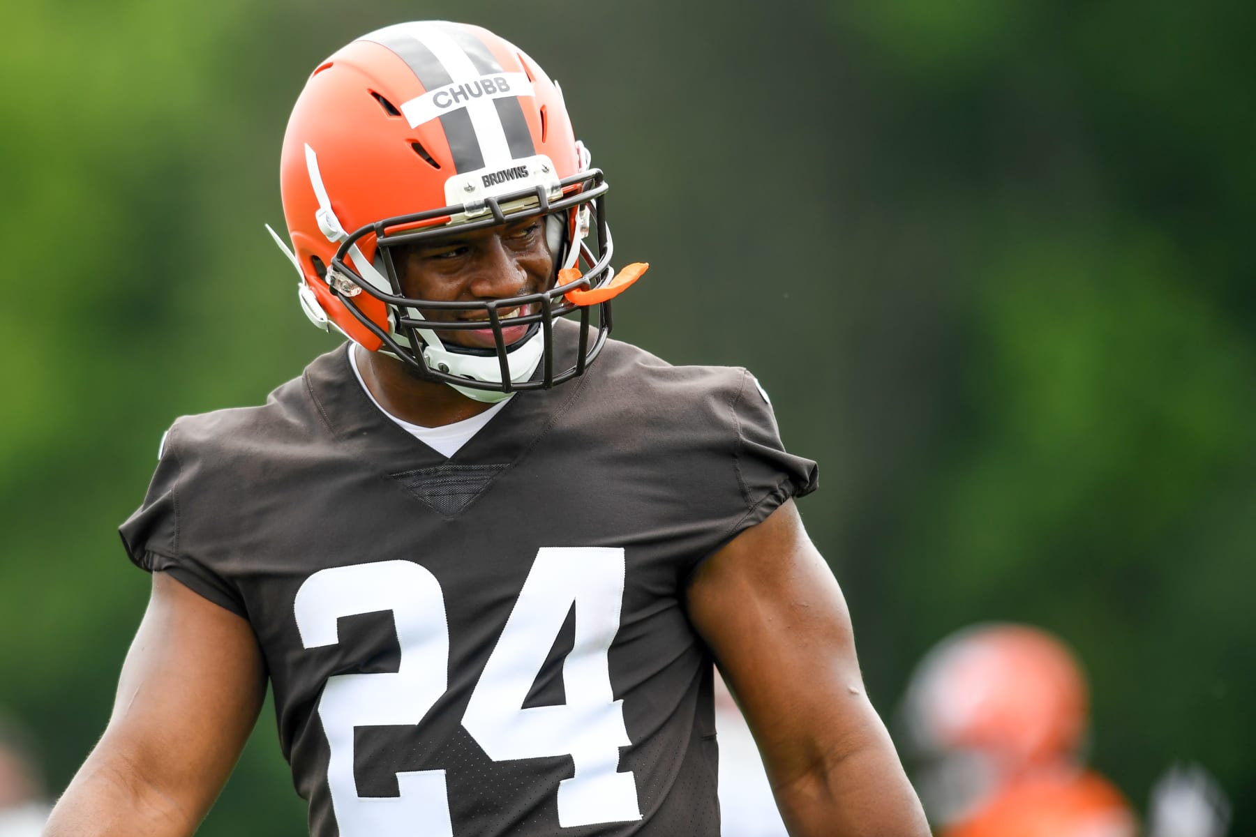 BEREA, OH - JUNE 14: Nick Chubb #24 of the Cleveland Browns laughs during the Cleveland Browns mandatory minicamp at CrossCountry Mortgage Campus on June 14, 2022 in Berea, Ohio. (Photo by Nick Cammett/Diamond Images via Getty Images)