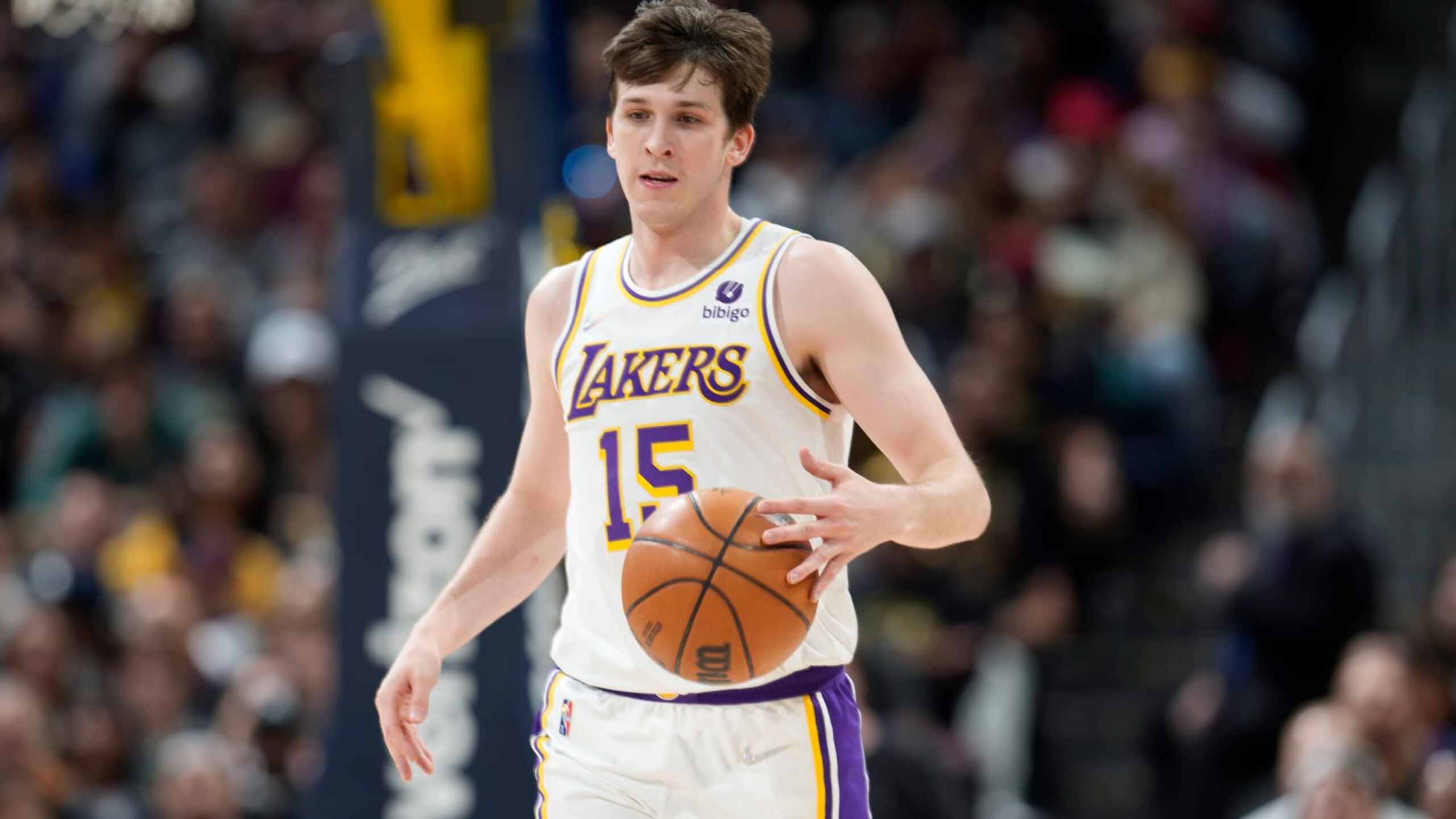 Los Angeles Lakers Guard Austin Reaves in the first half of an basketball game Sunday, April 10, 2022, in Denver. (AP Photo/David Zalubowski)