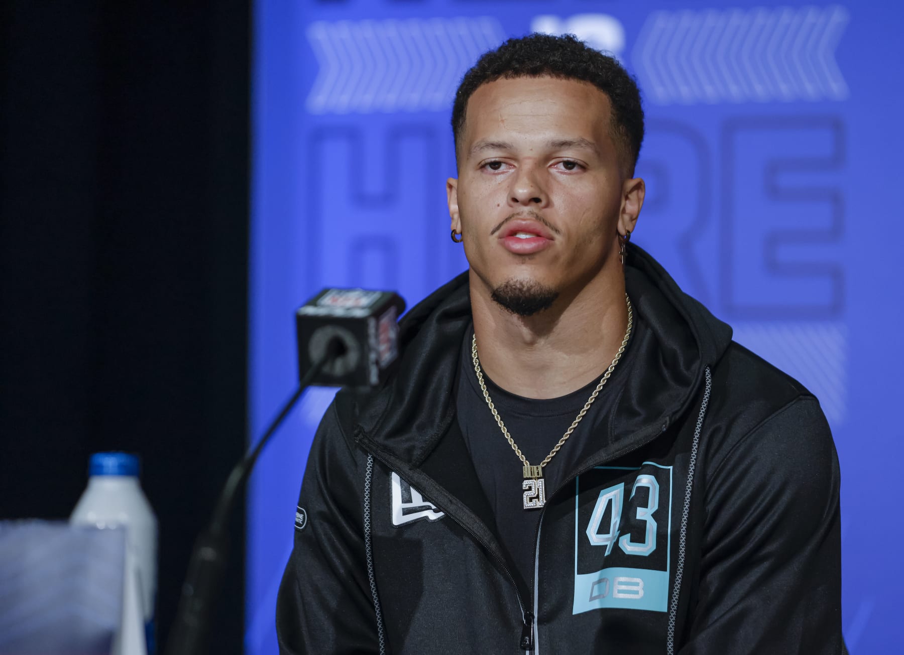 INDIANAPOLIS, IN - MAR 5: Bubba Bolden #DB43 of the Miami Hurricanes speaks to reporters during the NFL Draft Combine at the Indiana Convention Center on March 5, 2022 in Indianapolis, Indiana. (Photo by Michael Hickey/Getty Images)