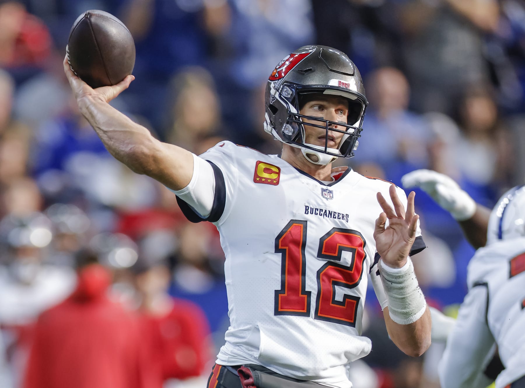 INDIANAPOLIS, IN - NOVEMBER 28: Tom Brady #12 of the Tampa Bay Buccaneers is seen during the game against the Indianapolis Colts at Lucas Oil Stadium on November 28, 2021 in Indianapolis, Indiana. (Photo by Michael Hickey/Getty Images)