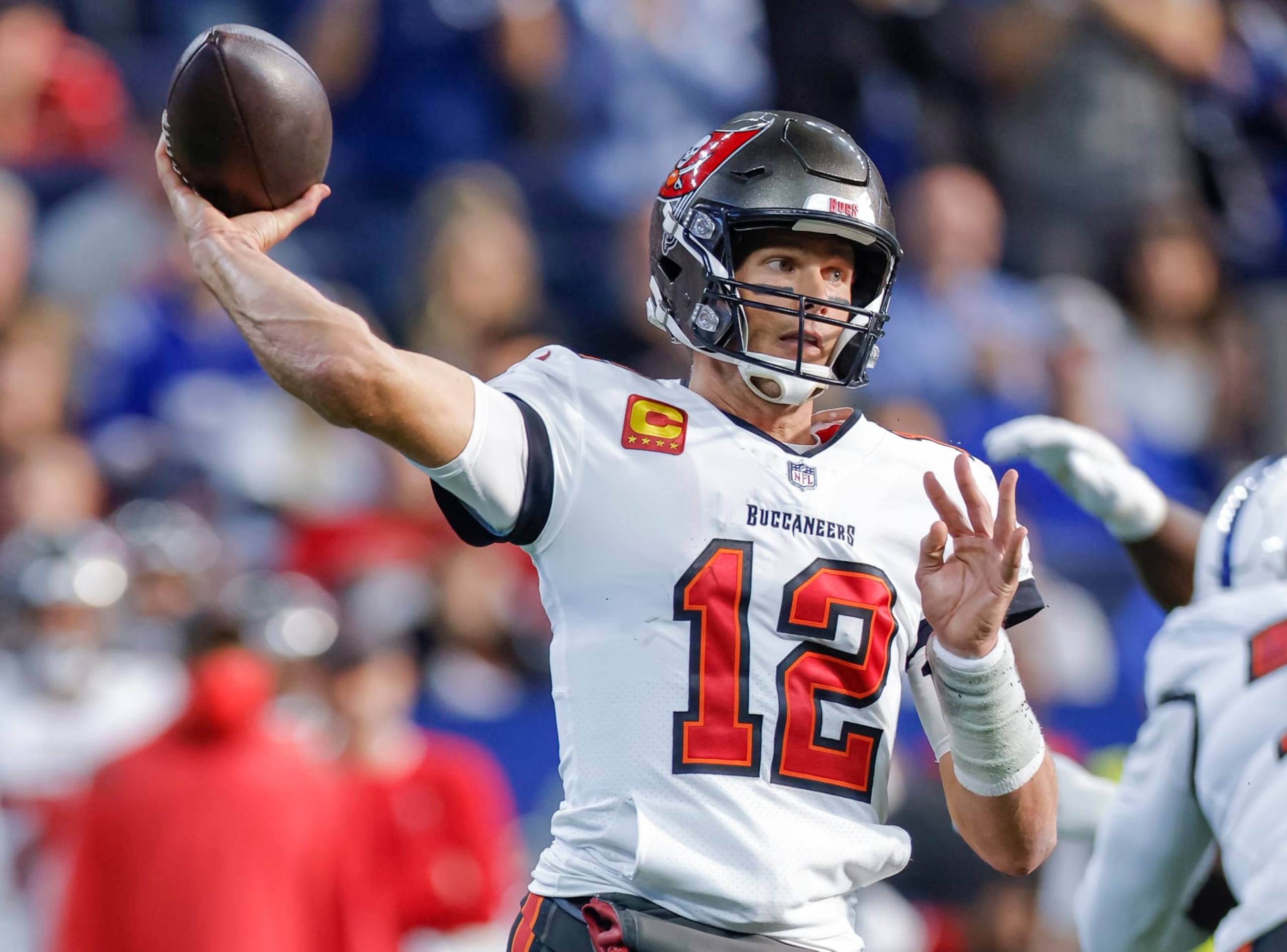 INDIANAPOLIS, IN - NOVEMBER 28: Tom Brady #12 of the Tampa Bay Buccaneers is seen during the game against the Indianapolis Colts at Lucas Oil Stadium on November 28, 2021 in Indianapolis, Indiana. (Photo by Michael Hickey/Getty Images)