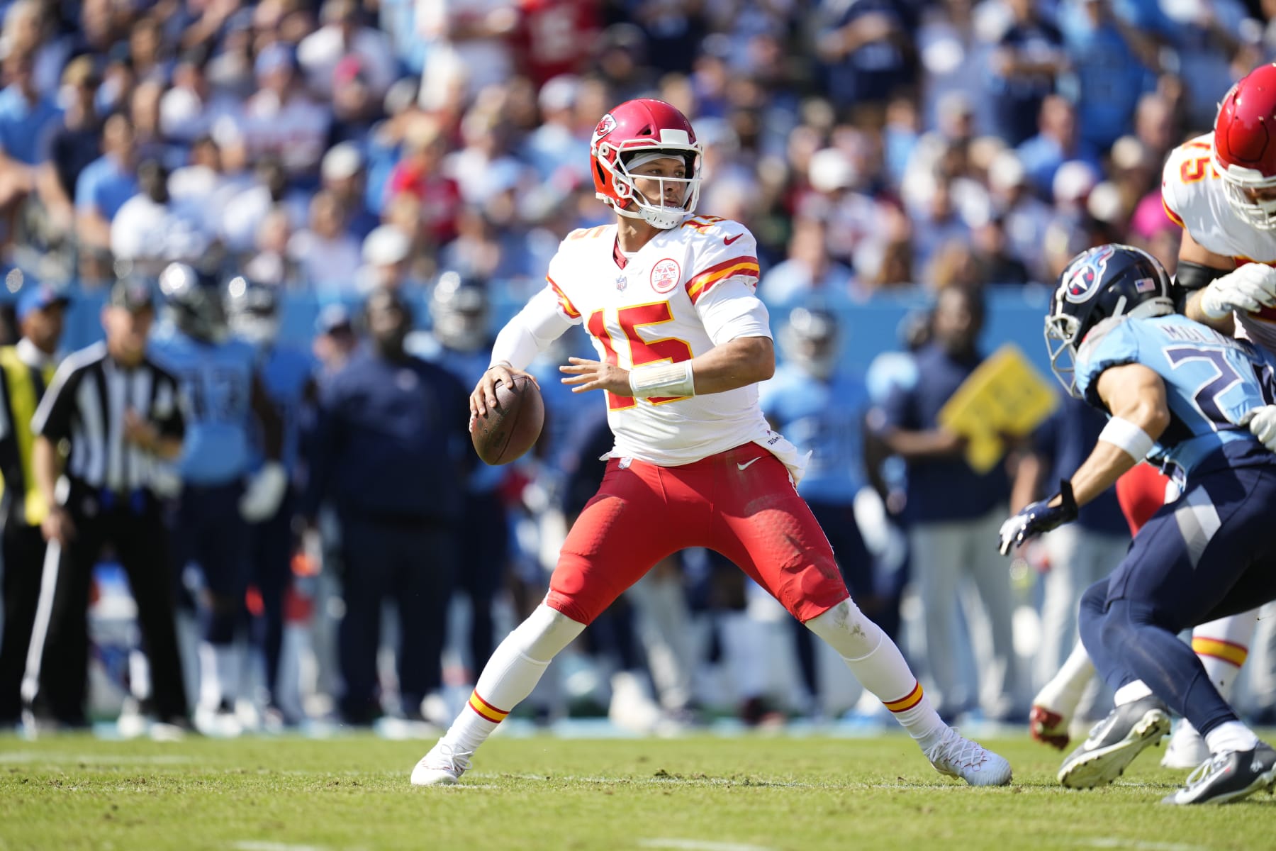 NASHVILLE, TENNESSEE - OCTOBER 24: Patrick Mahomes #15 of the Kansas City Chiefs throws the ball during to an NFL game against the Tennessee Titans at Nissan Stadium on October 24, 2021 in Nashville, Tennessee. (Photo by Cooper Neill/Getty Images)